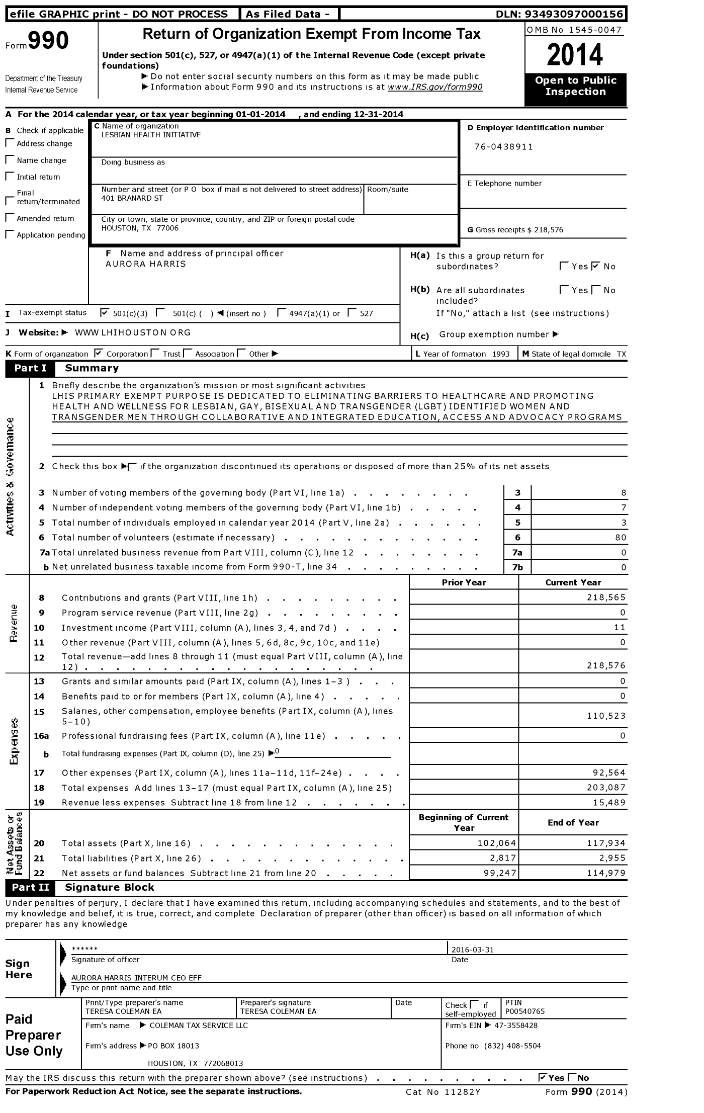 Image of first page of 2014 Form 990 for Lesbian Health Initiative of Houston Texas