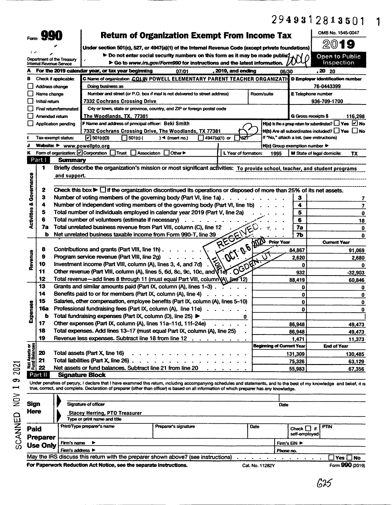 Image of first page of 2019 Form 990 for Colin Powell Elementary Parent Teacher Organization The Woodlands