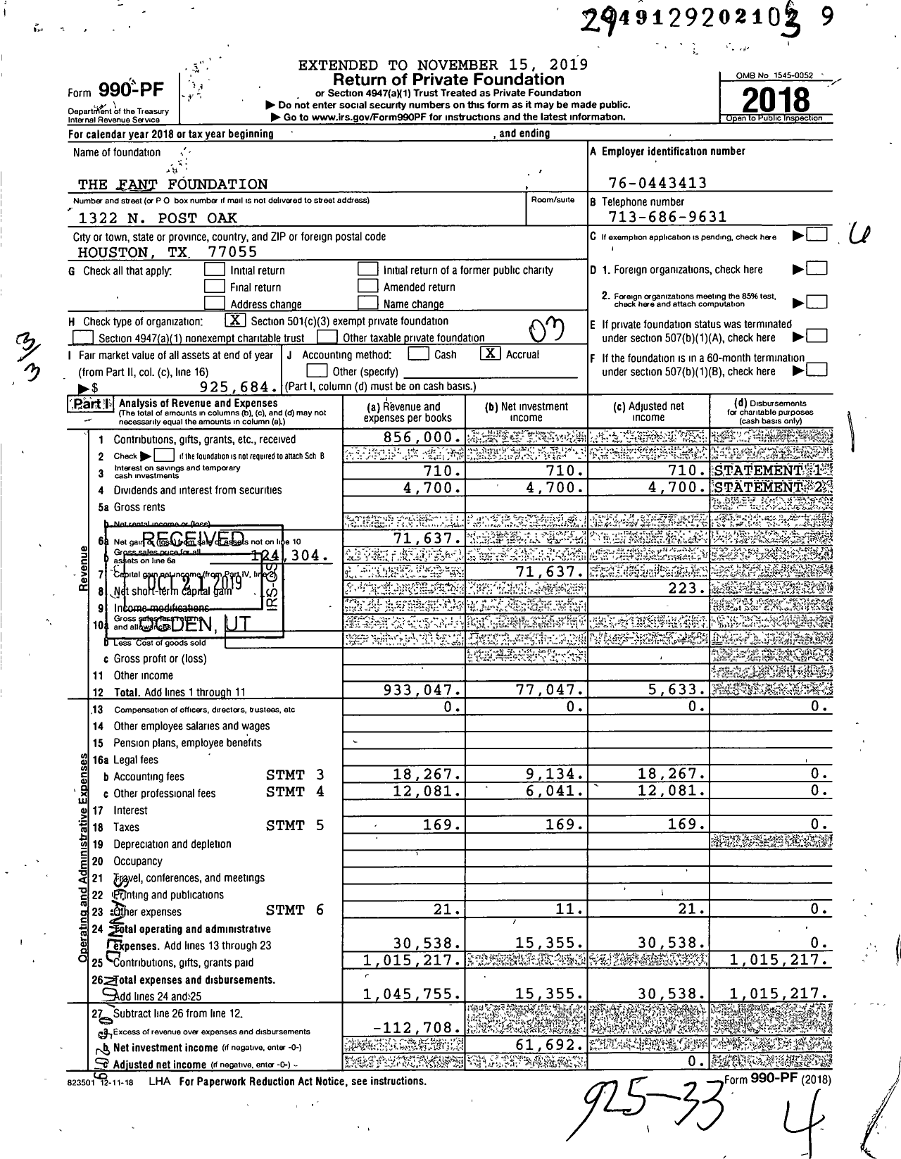 Image of first page of 2018 Form 990PF for The Fant Foundation