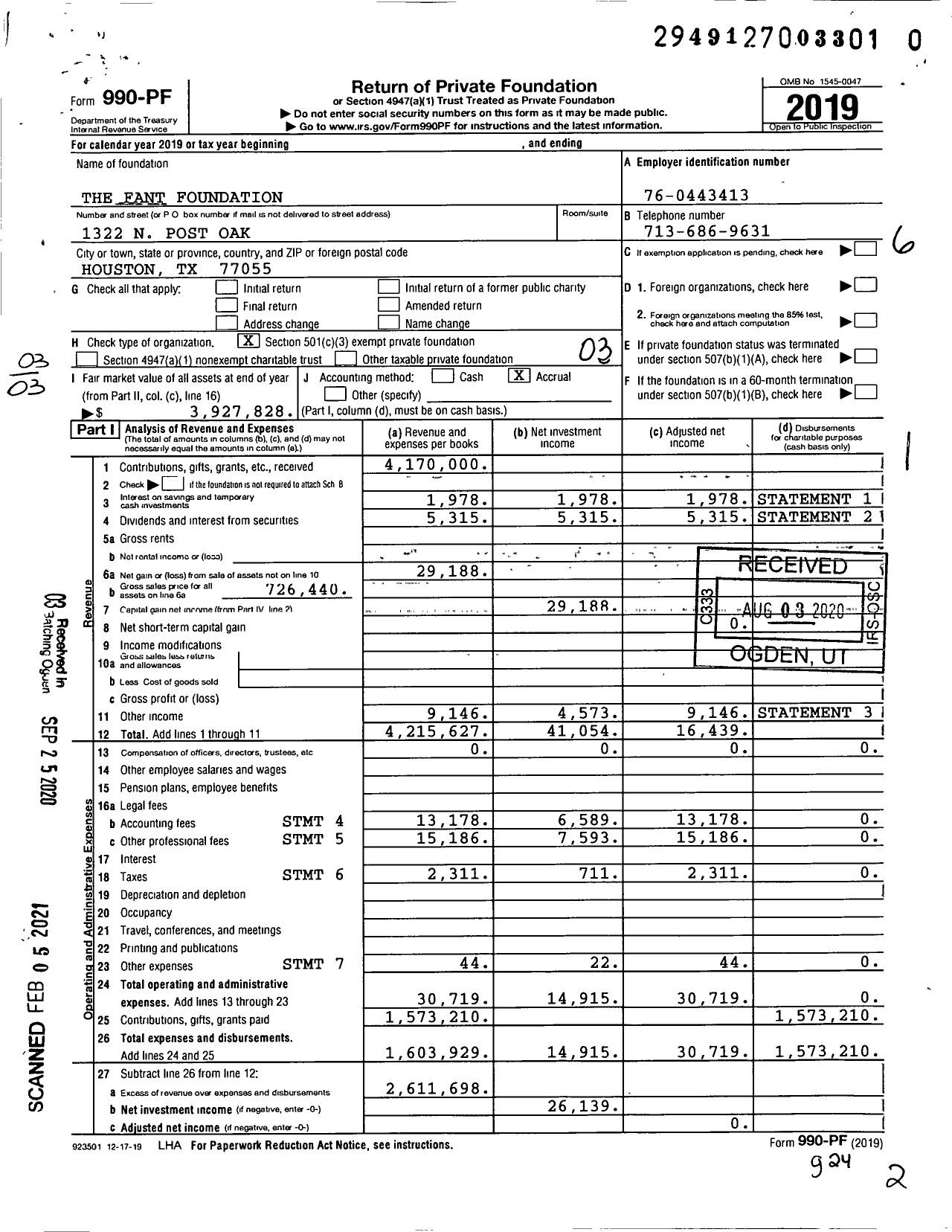 Image of first page of 2019 Form 990PF for The Fant Foundation