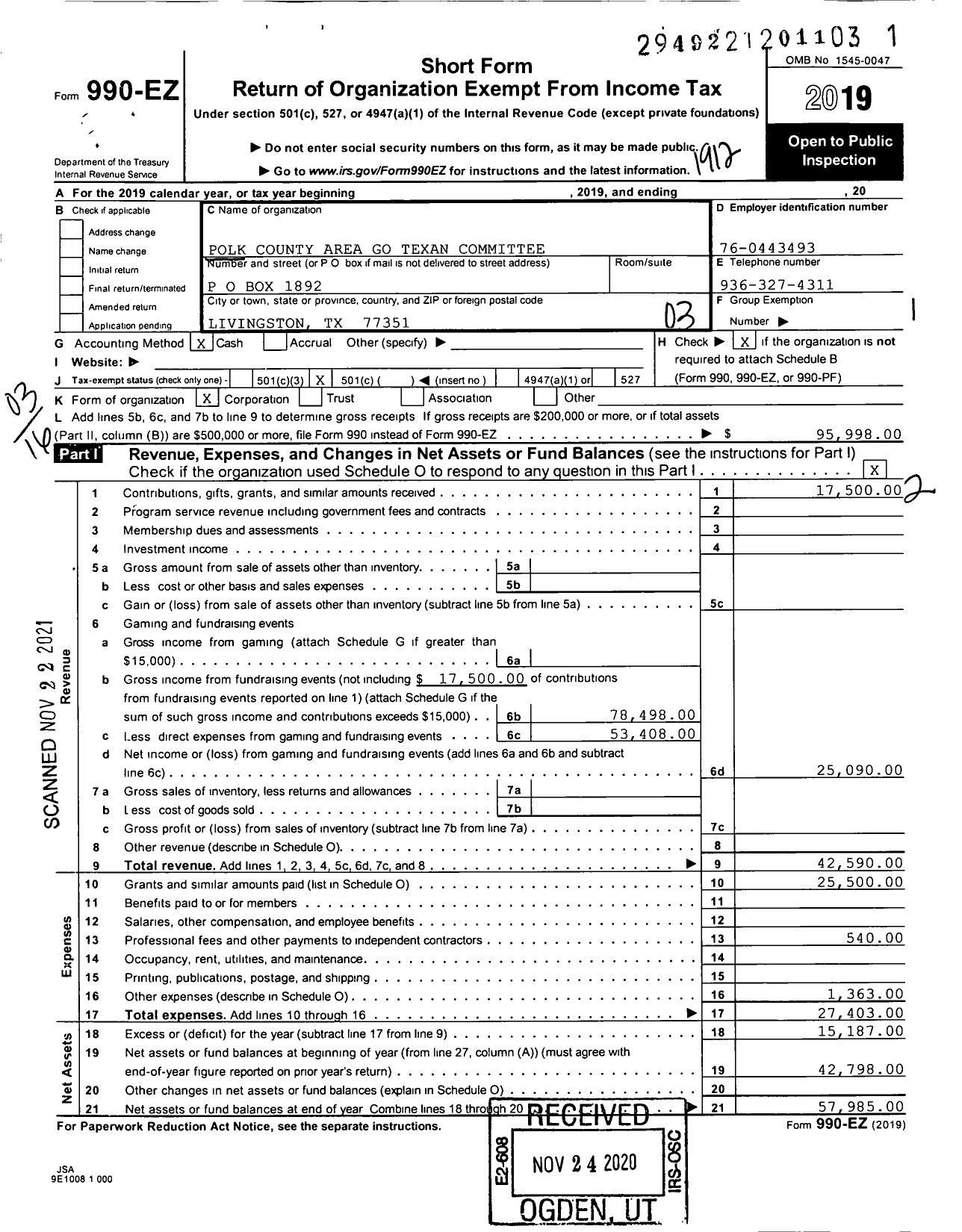 Image of first page of 2019 Form 990EZ for Polk County Area Go Texan Committee