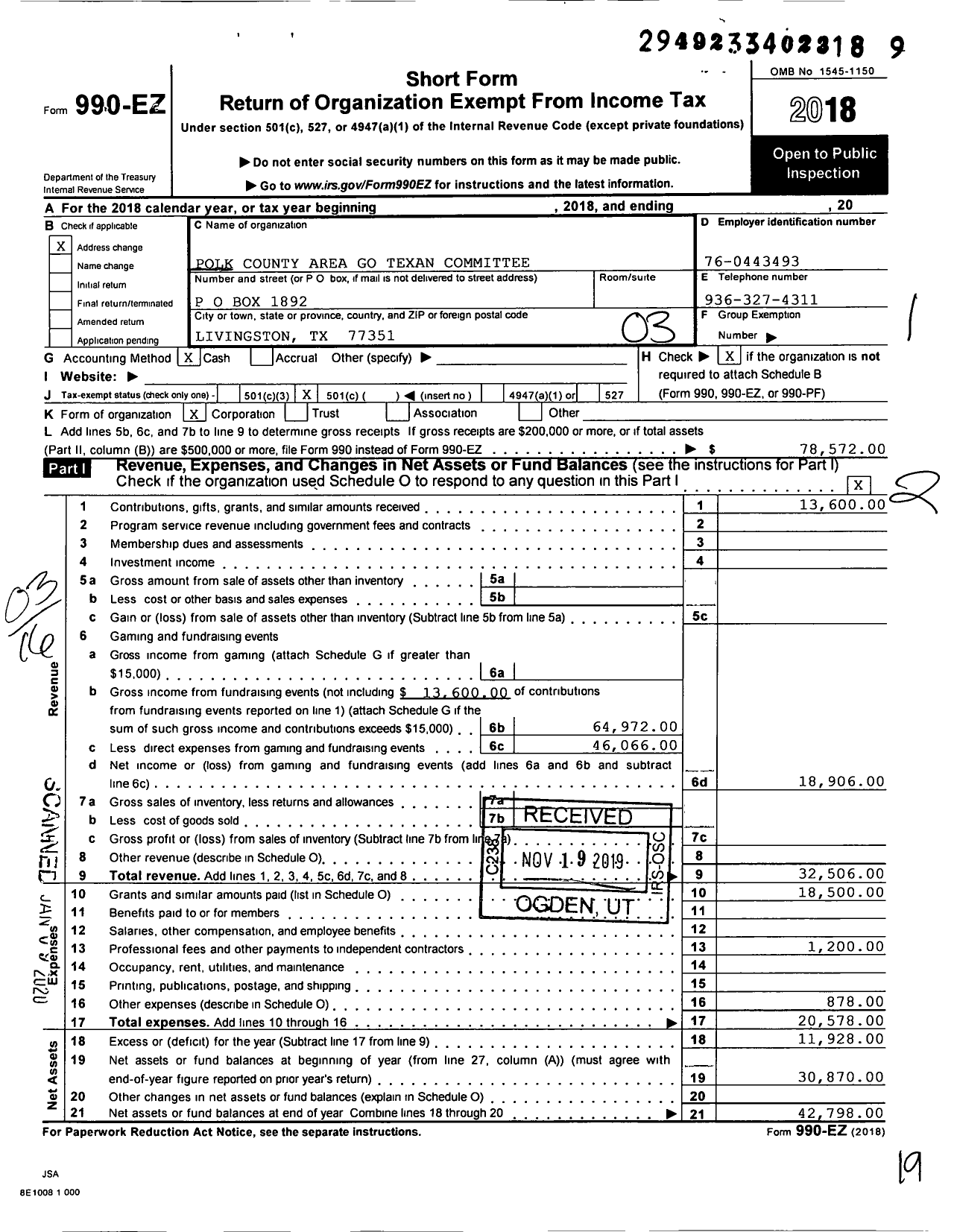 Image of first page of 2018 Form 990EZ for Polk County Area Go Texan Committee