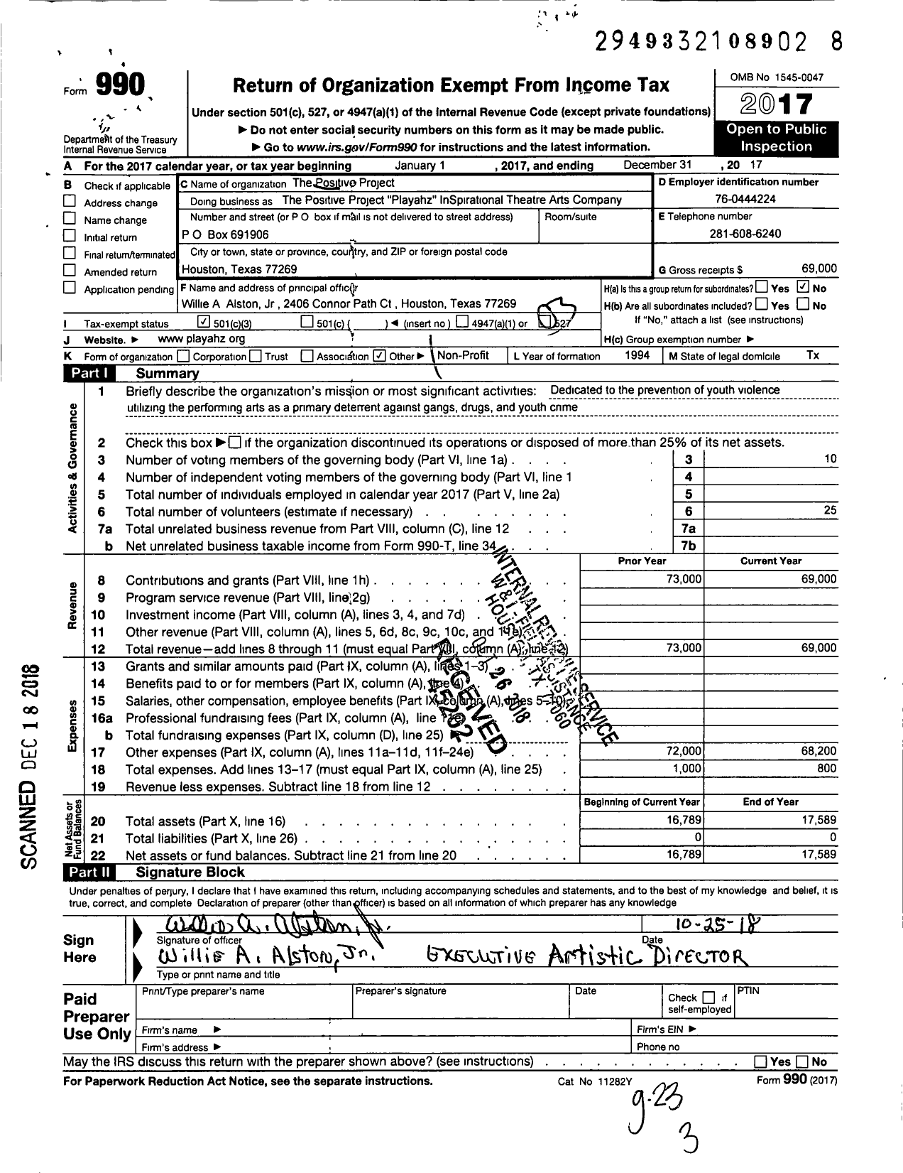 Image of first page of 2017 Form 990 for The Positive Project Playahz InSpirational Theatre Arts Company