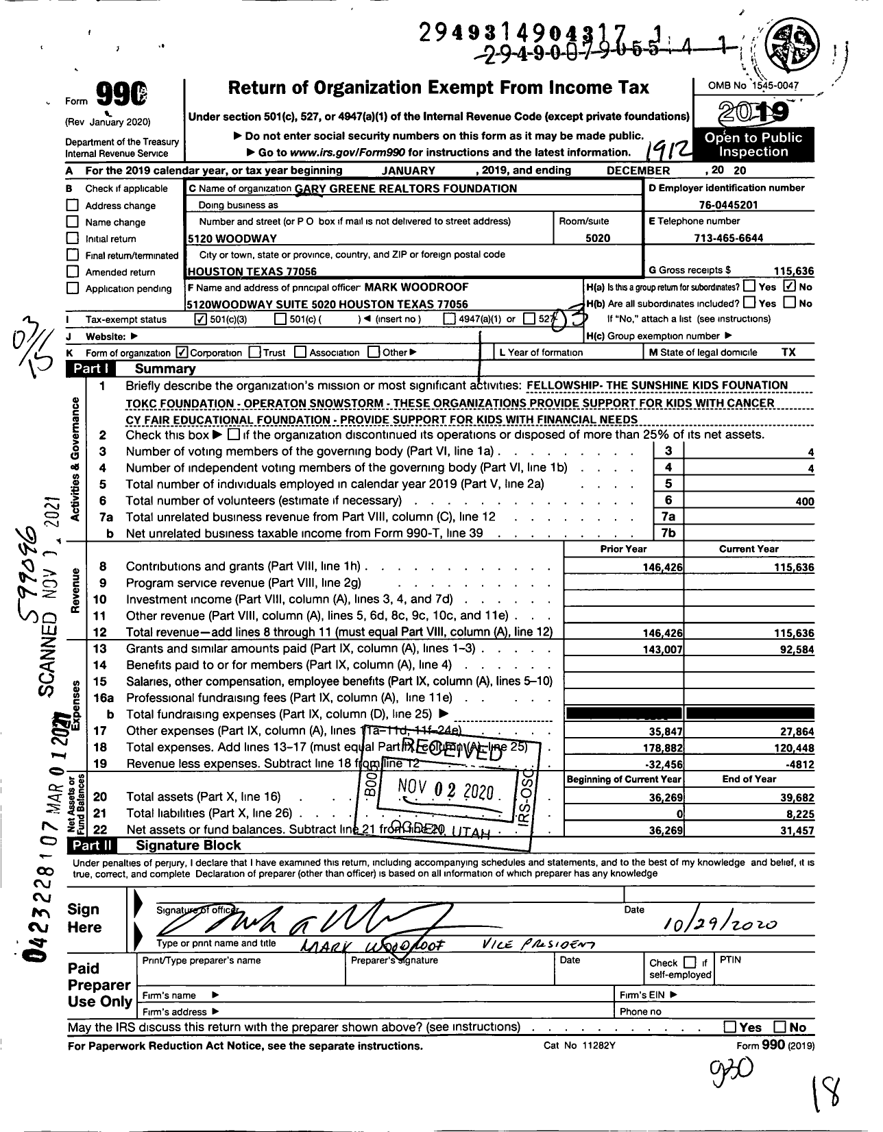 Image of first page of 2019 Form 990 for Gary Greene Realtors Foundation