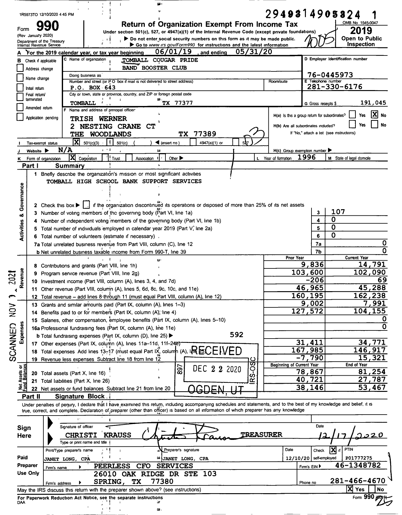 Image of first page of 2019 Form 990 for Tomball Cougar Pride Band Booster Club