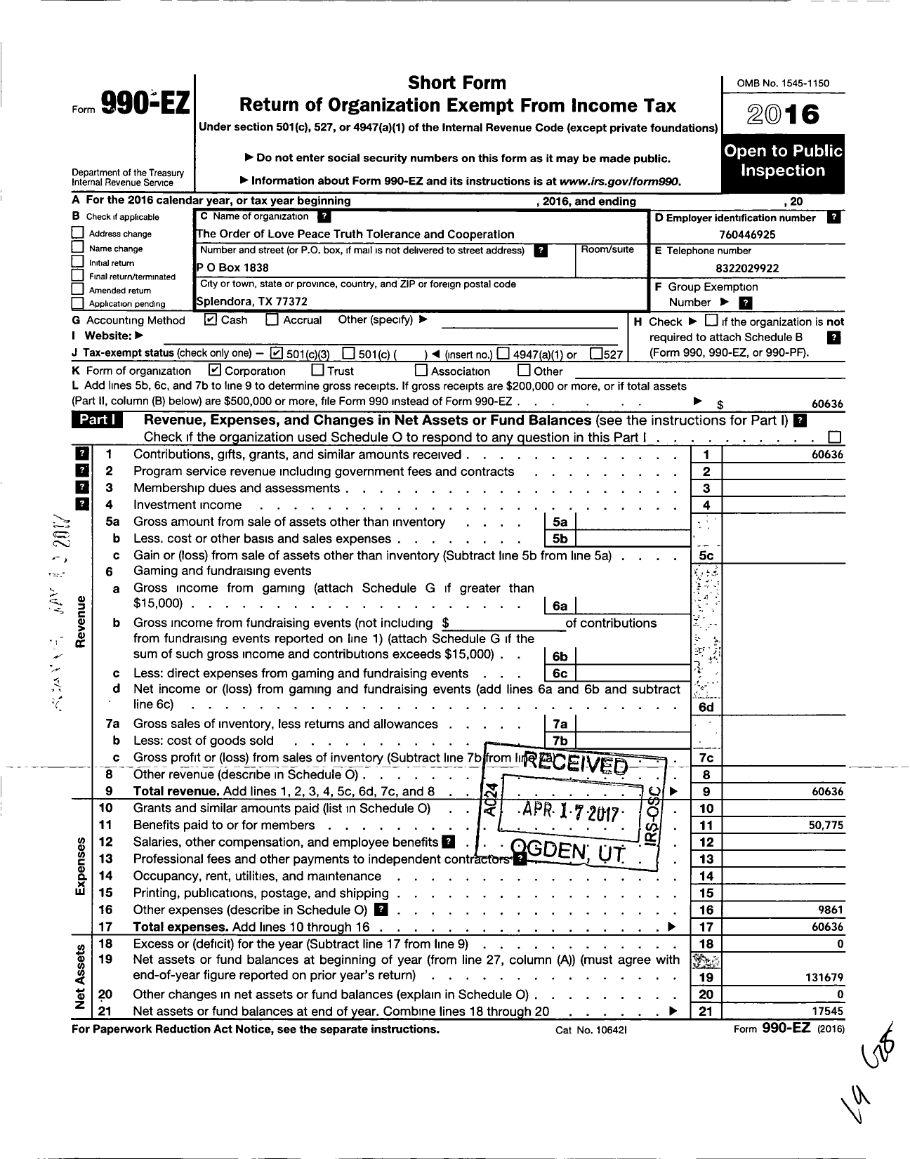 Image of first page of 2016 Form 990EZ for Order of Peace Love Truth Tolerance and Cooperation