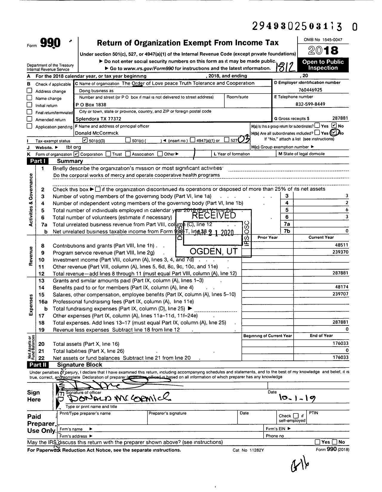 Image of first page of 2018 Form 990 for Order of Peace Love Truth Tolerance and Cooperation