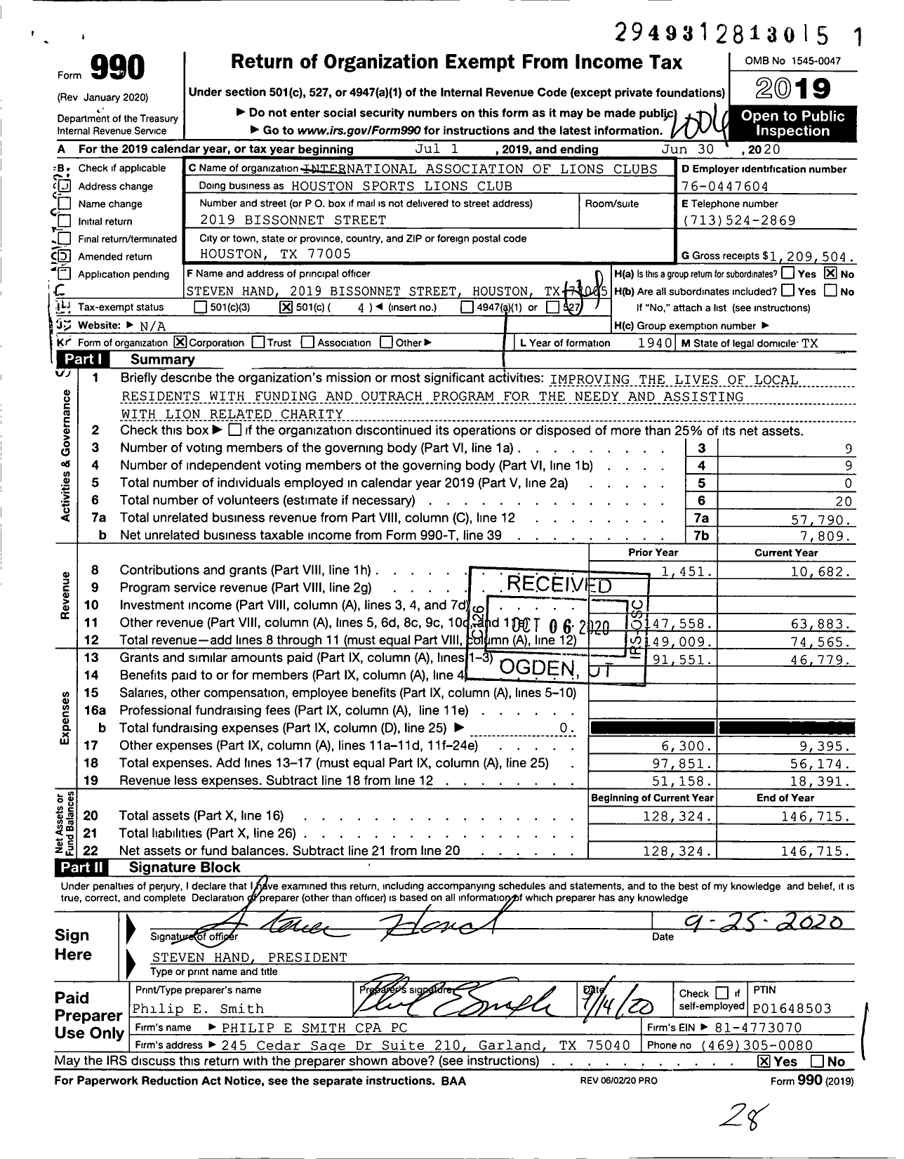 Image of first page of 2019 Form 990O for Lions Clubs - Houston Sports Lions Club