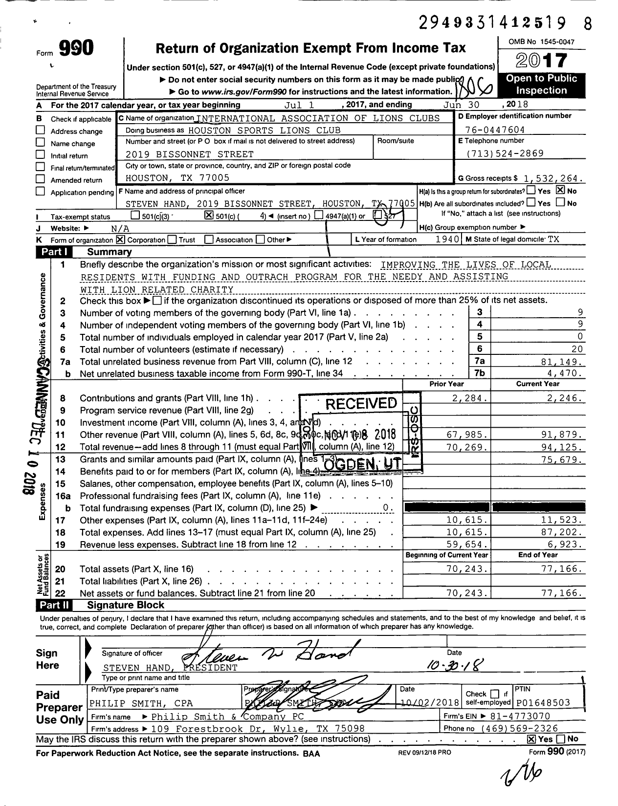 Image of first page of 2017 Form 990O for Lions Clubs - Houston Sports Lions Club