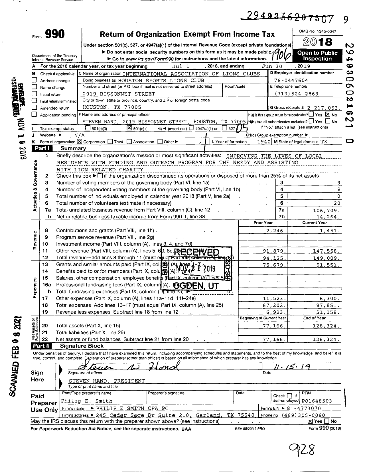 Image of first page of 2018 Form 990O for Lions Clubs - Houston Sports Lions Club