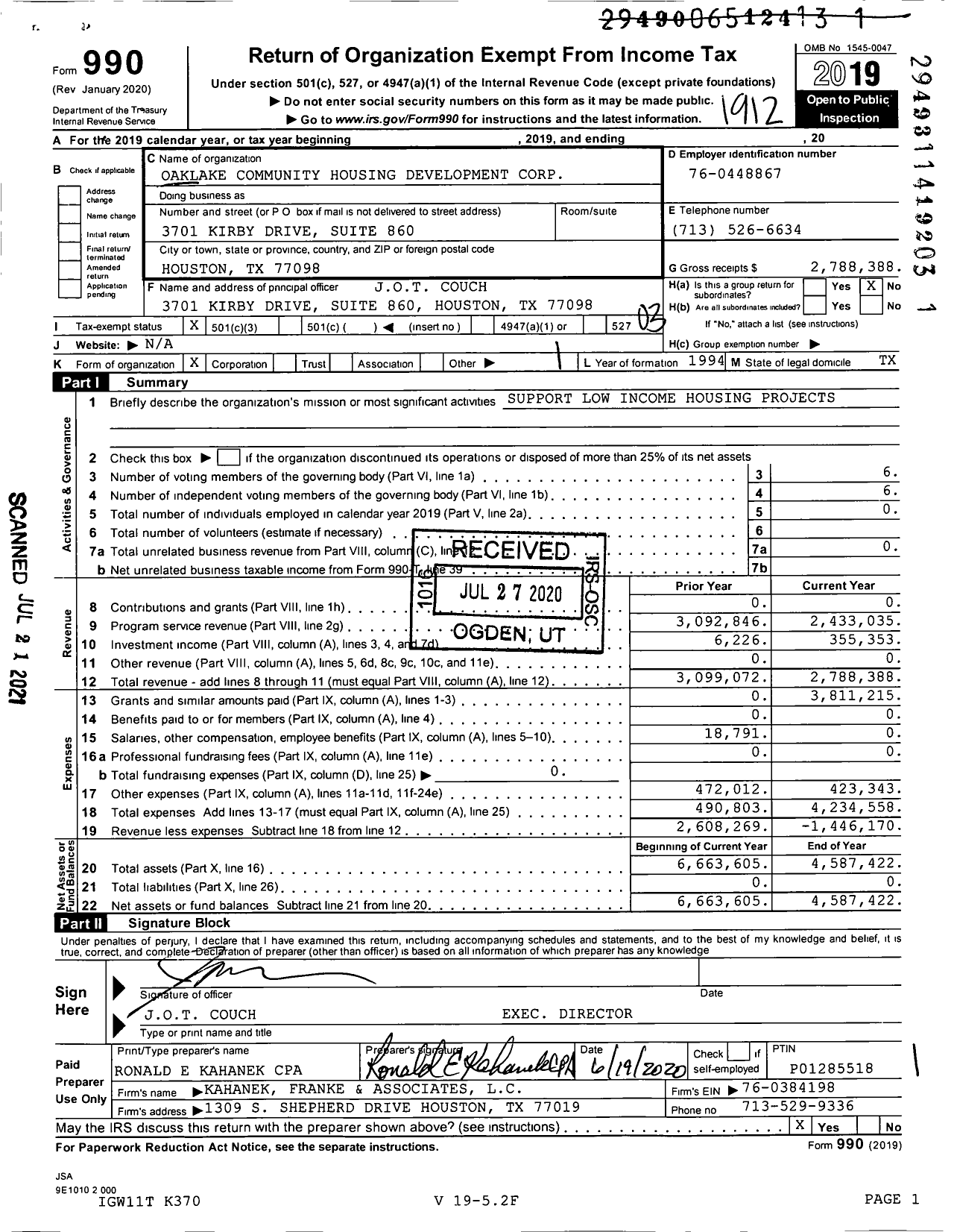 Image of first page of 2019 Form 990 for Oaklake