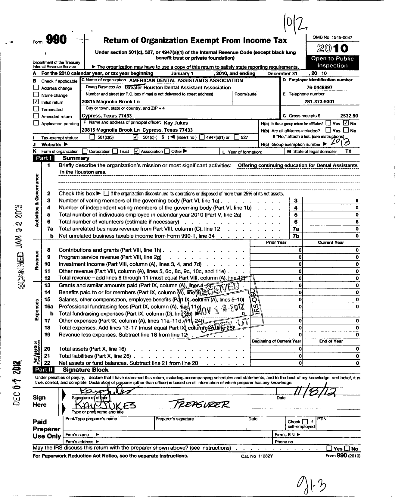 Image of first page of 2010 Form 990O for American Dental Assistants Association / Greater Houston Dental Assistant Association