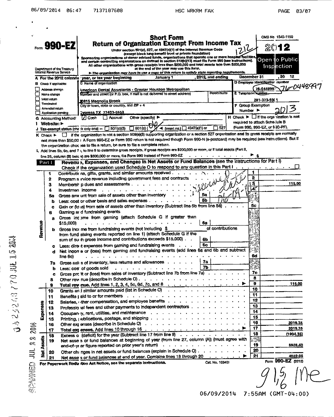 Image of first page of 2012 Form 990EO for American Dental Assistants Association / Greater Houston Dental Assistant Association