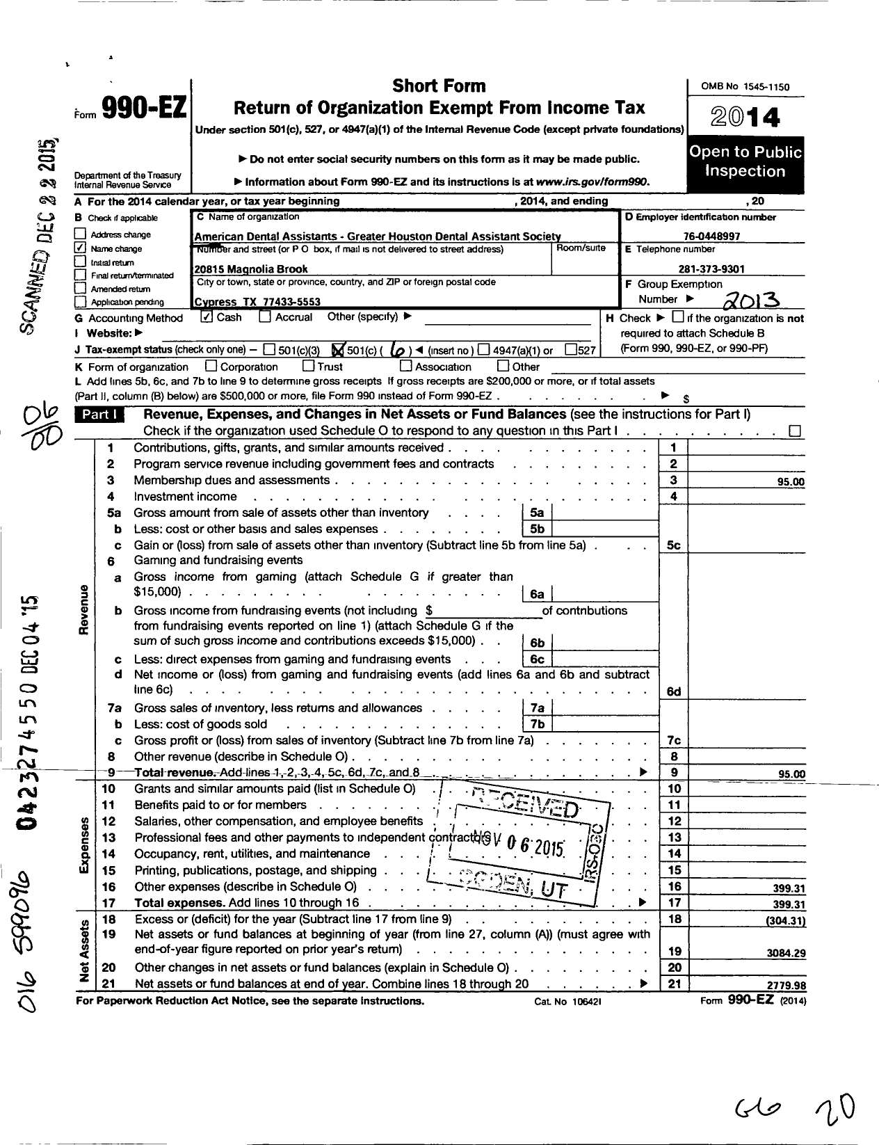 Image of first page of 2014 Form 990EO for American Dental Assistants Association / Greater Houston Dental Assistant Association