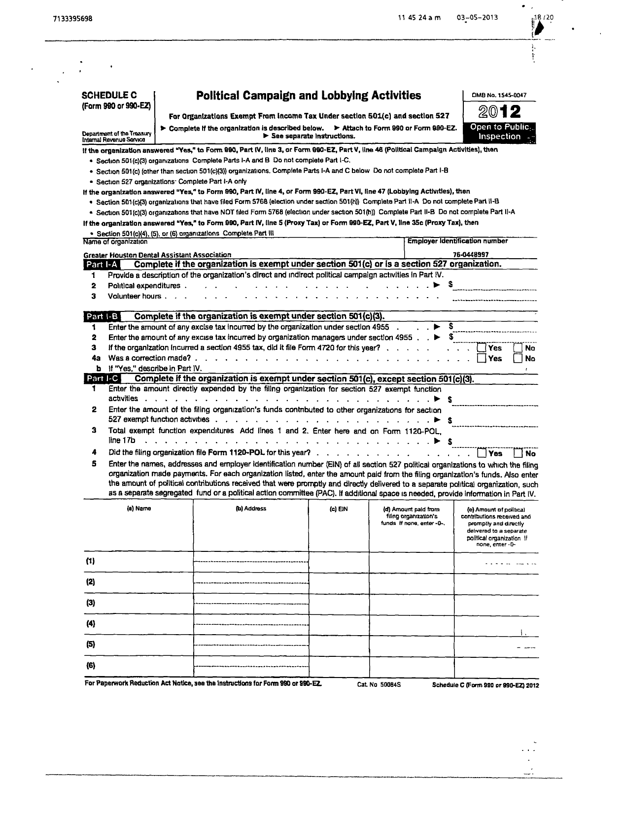 Image of first page of 2010 Form 990OR for American Dental Assistants Association / Greater Houston Dental Assistant Association