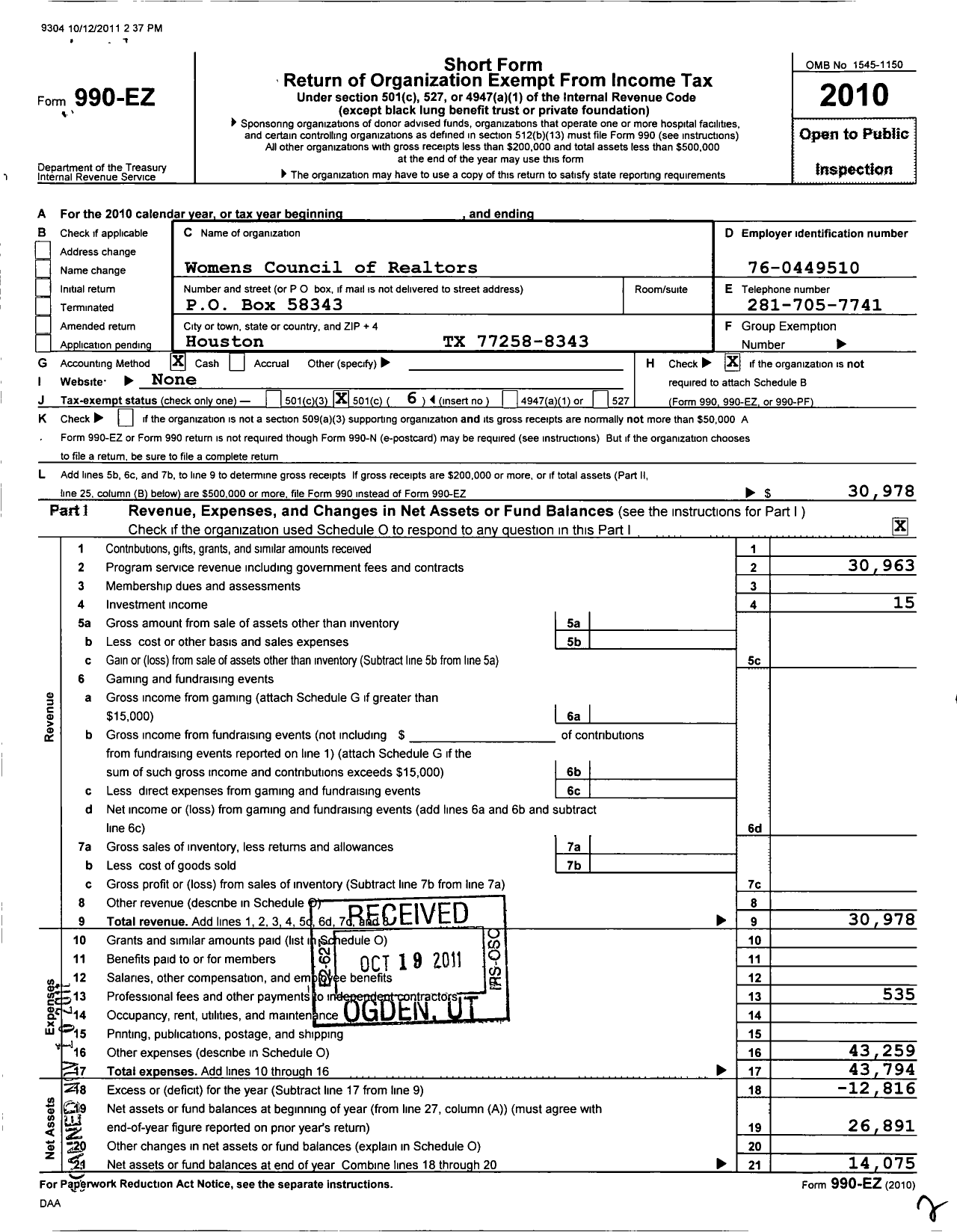 Image of first page of 2010 Form 990EO for Bay Area Texas Chapter of the Womens Council of Realtors