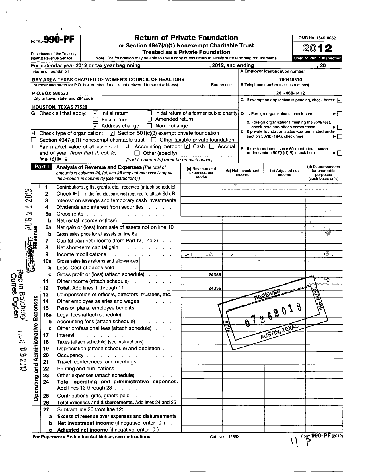 Image of first page of 2012 Form 990PF for Bay Area Texas Chapter of the Womens Council of Realtors