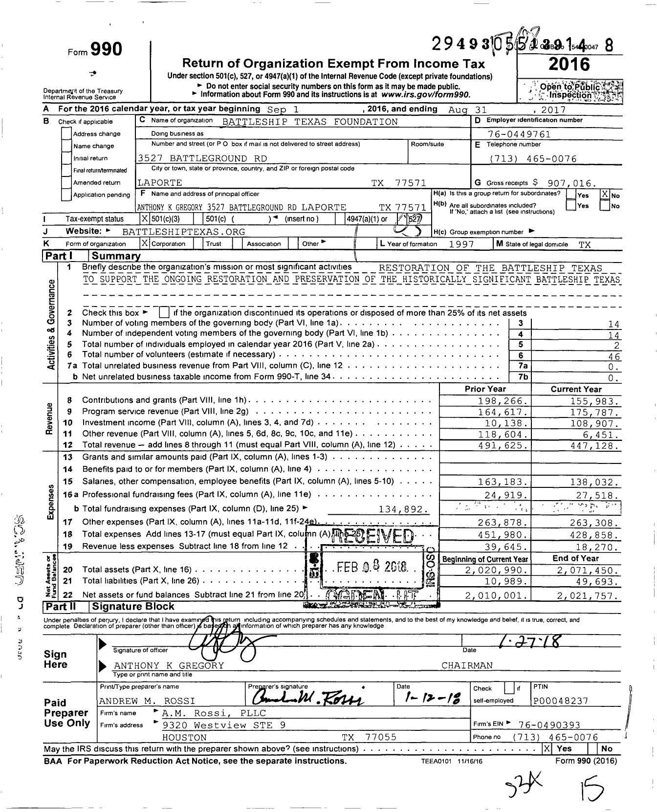 Image of first page of 2016 Form 990 for Battleship Texas Foundation