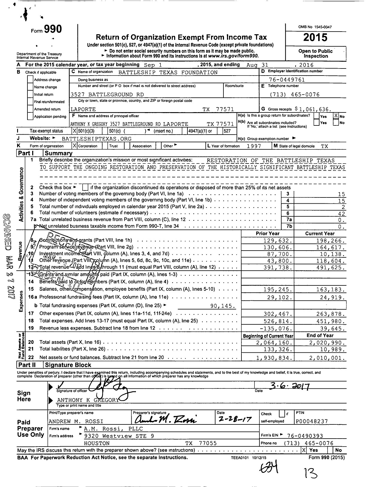 Image of first page of 2015 Form 990 for Battleship Texas Foundation