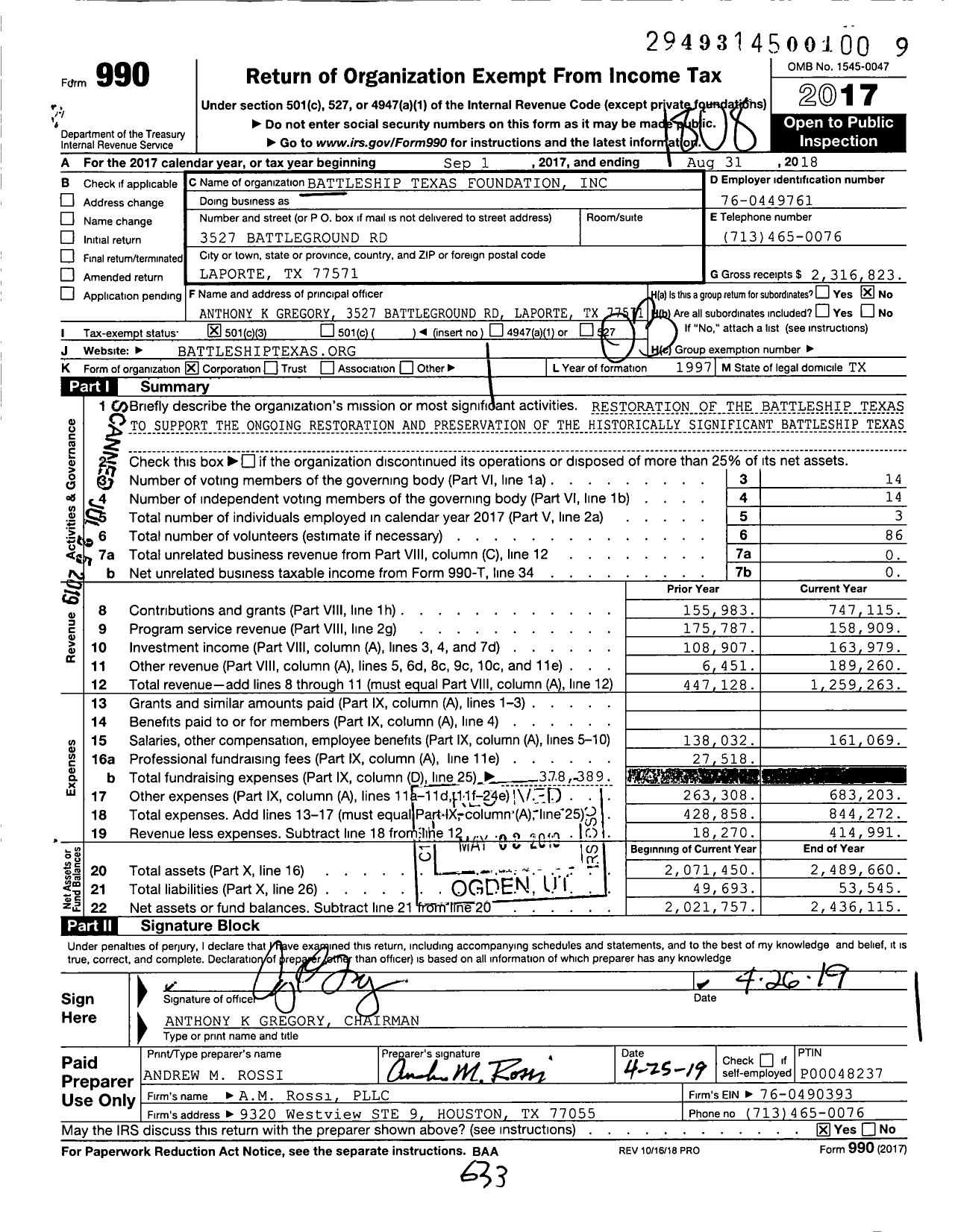 Image of first page of 2017 Form 990 for Battleship Texas Foundation