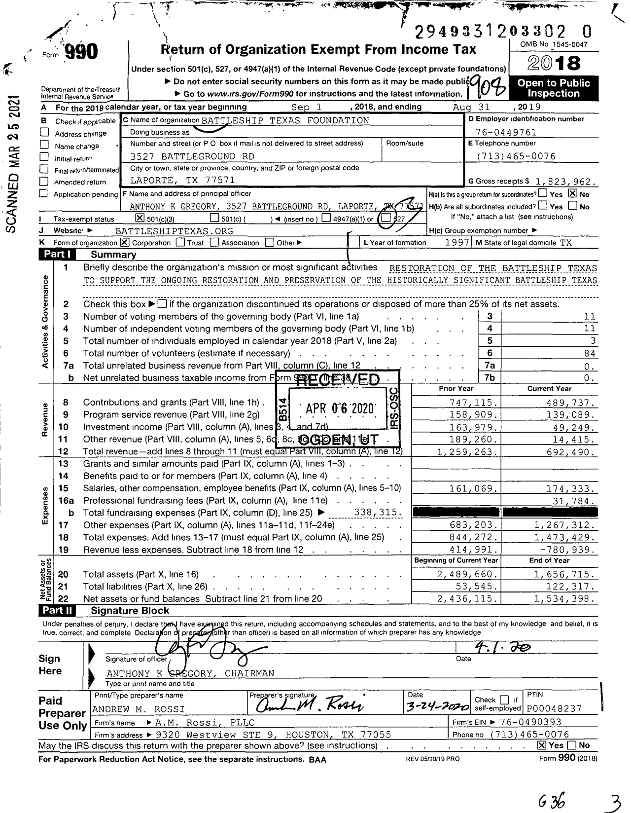 Image of first page of 2018 Form 990 for Battleship Texas Foundation