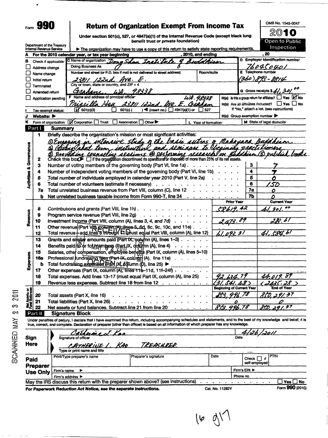 Image of first page of 2010 Form 990 for Dong Shan Institute of Buddhism