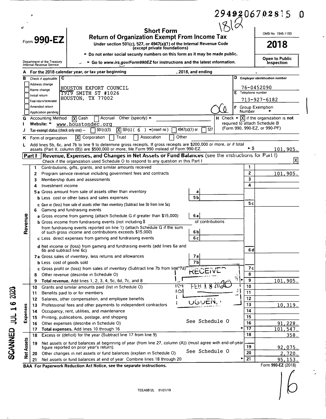 Image of first page of 2018 Form 990EO for Houston Export Council