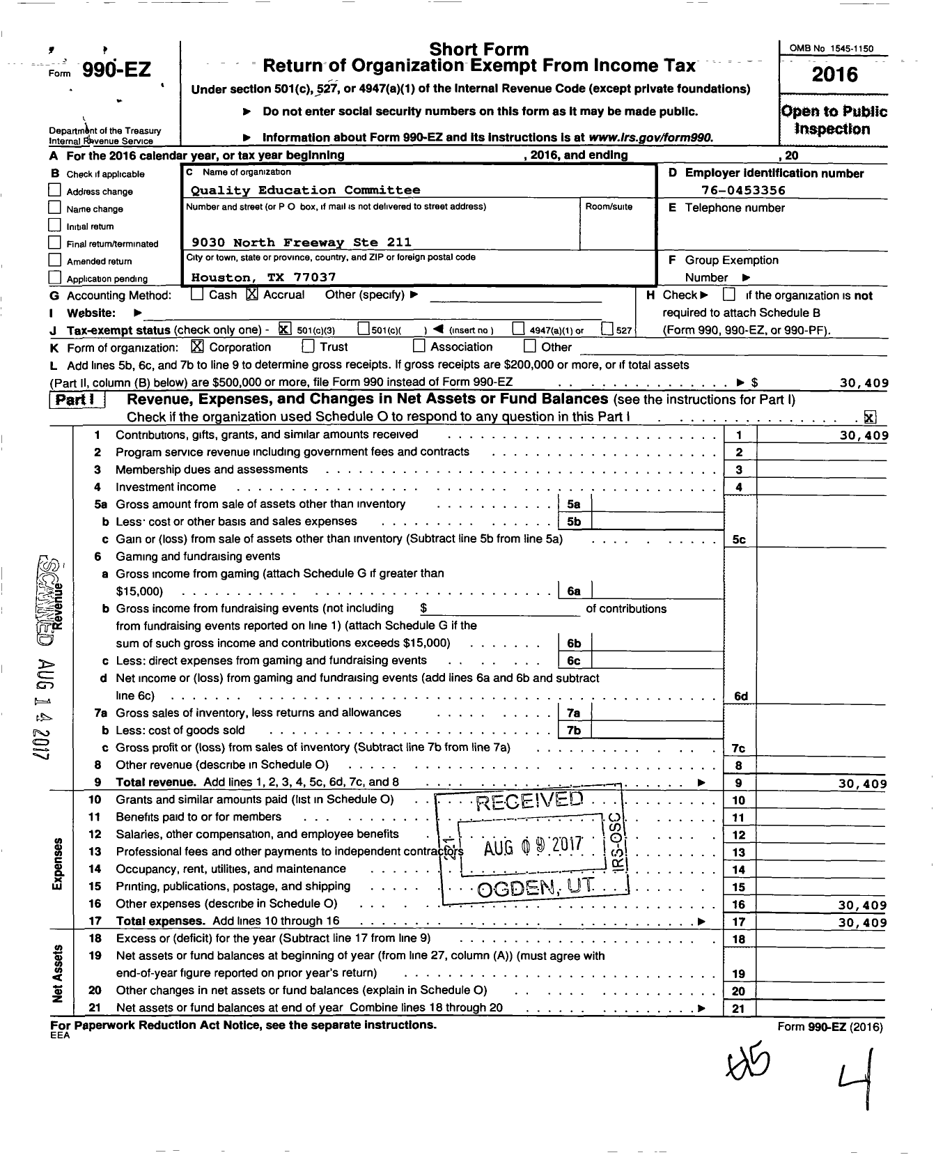 Image of first page of 2016 Form 990EZ for Quality Education Committee