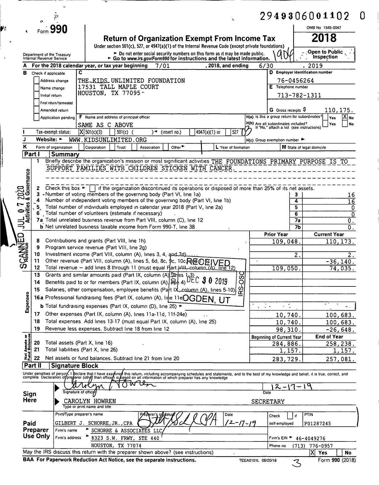 Image of first page of 2018 Form 990 for The Kids Unlimited Foundation