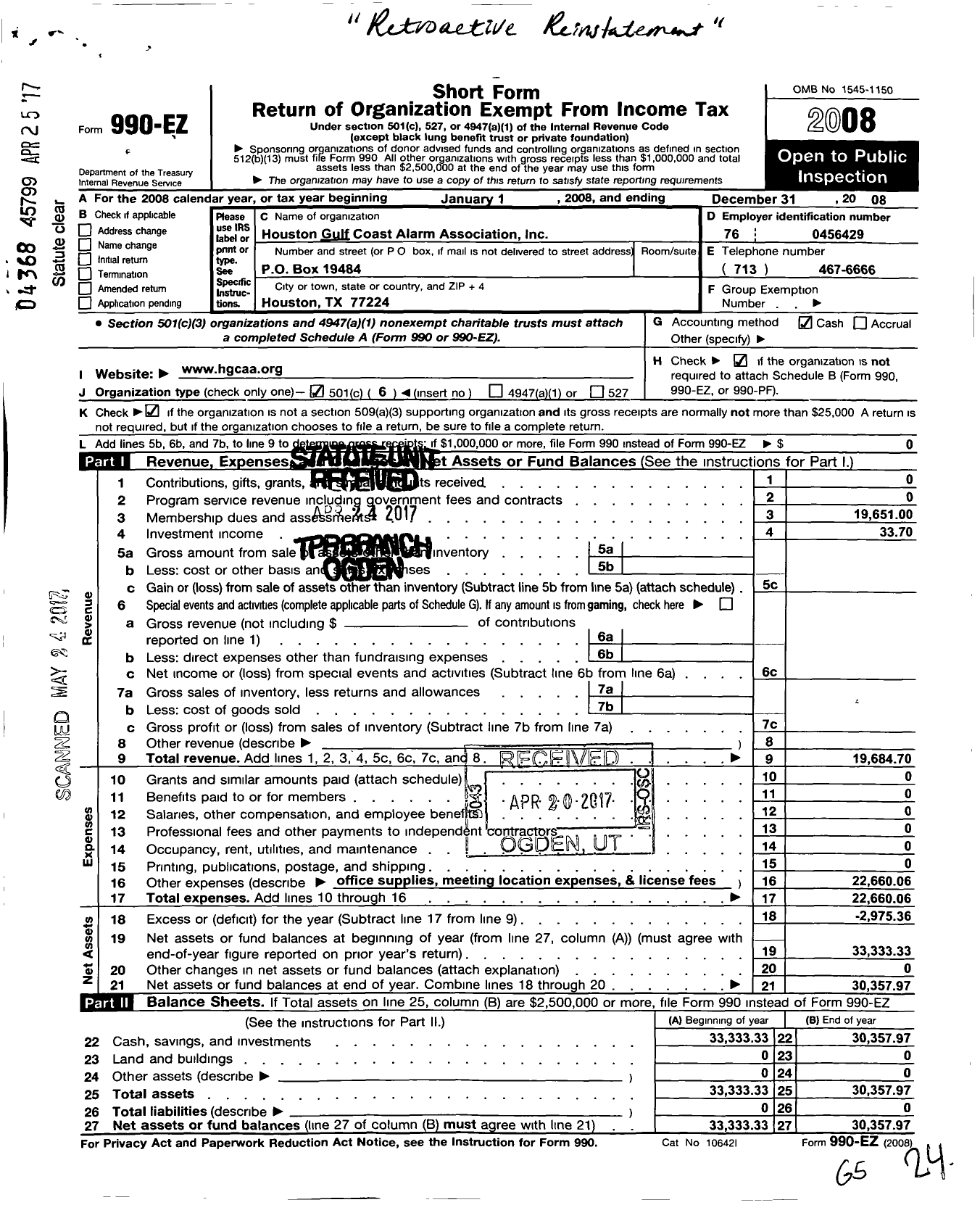 Image of first page of 2008 Form 990EO for Houston Gulf Coast Alarm Association