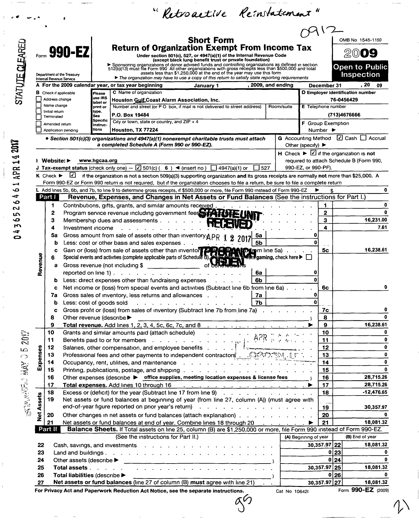 Image of first page of 2009 Form 990EO for Houston Gulf Coast Alarm Association