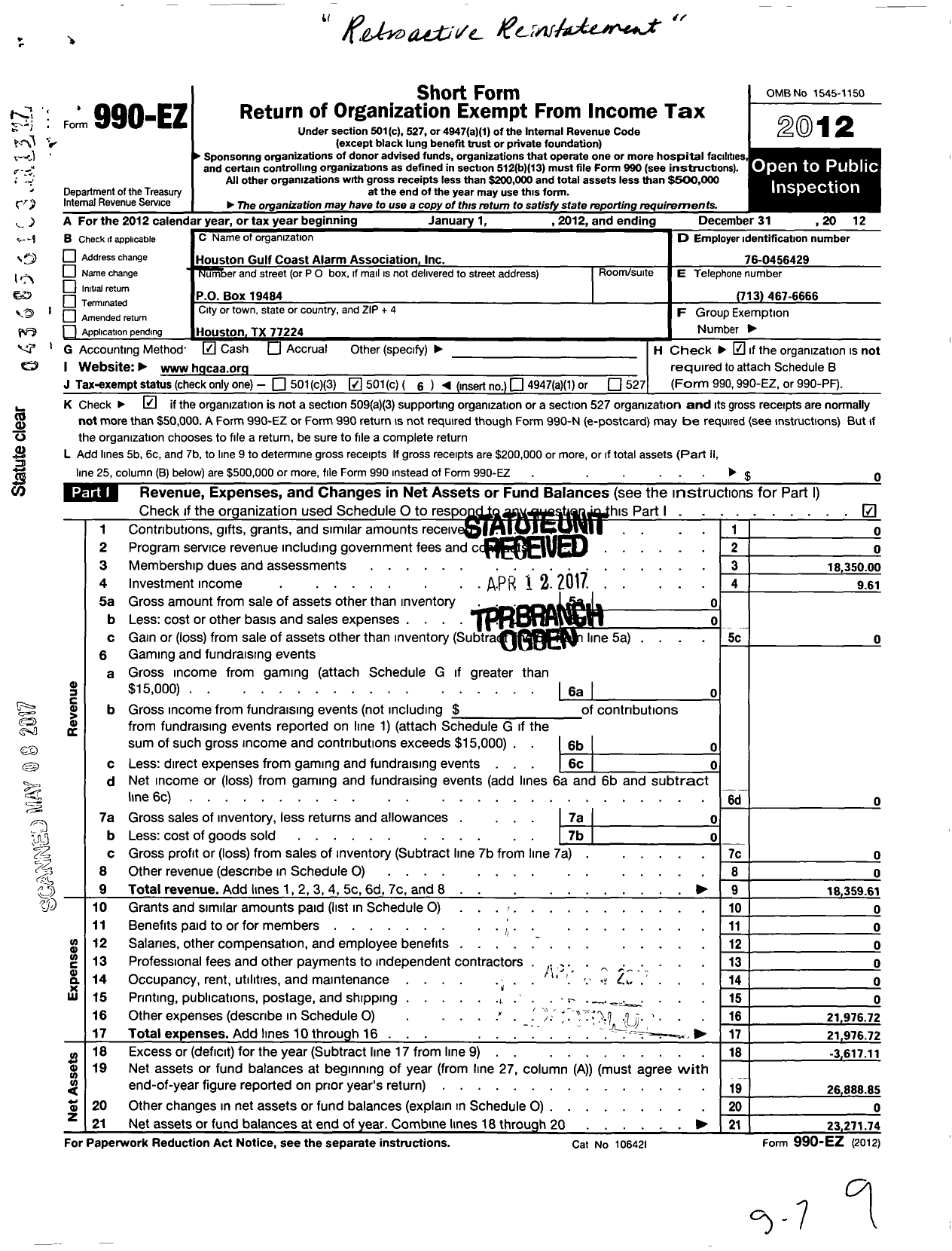 Image of first page of 2012 Form 990EO for Houston Gulf Coast Alarm Association