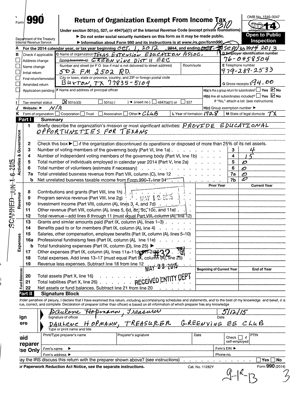 Image of first page of 2012 Form 990 for Texas Extension Education Association - Greenvine Dist 11 Eec