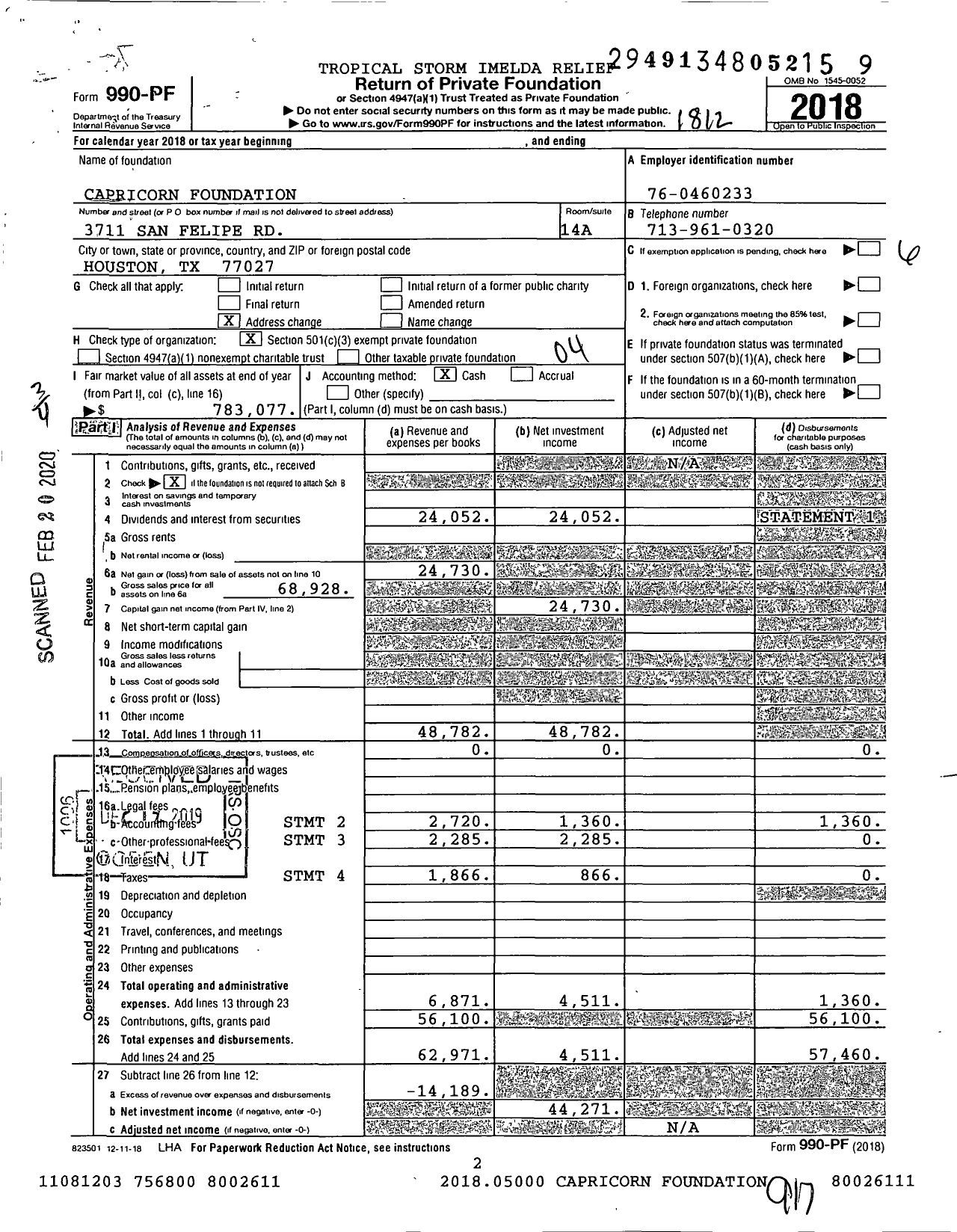 Image of first page of 2018 Form 990PF for Capricorn Foundation