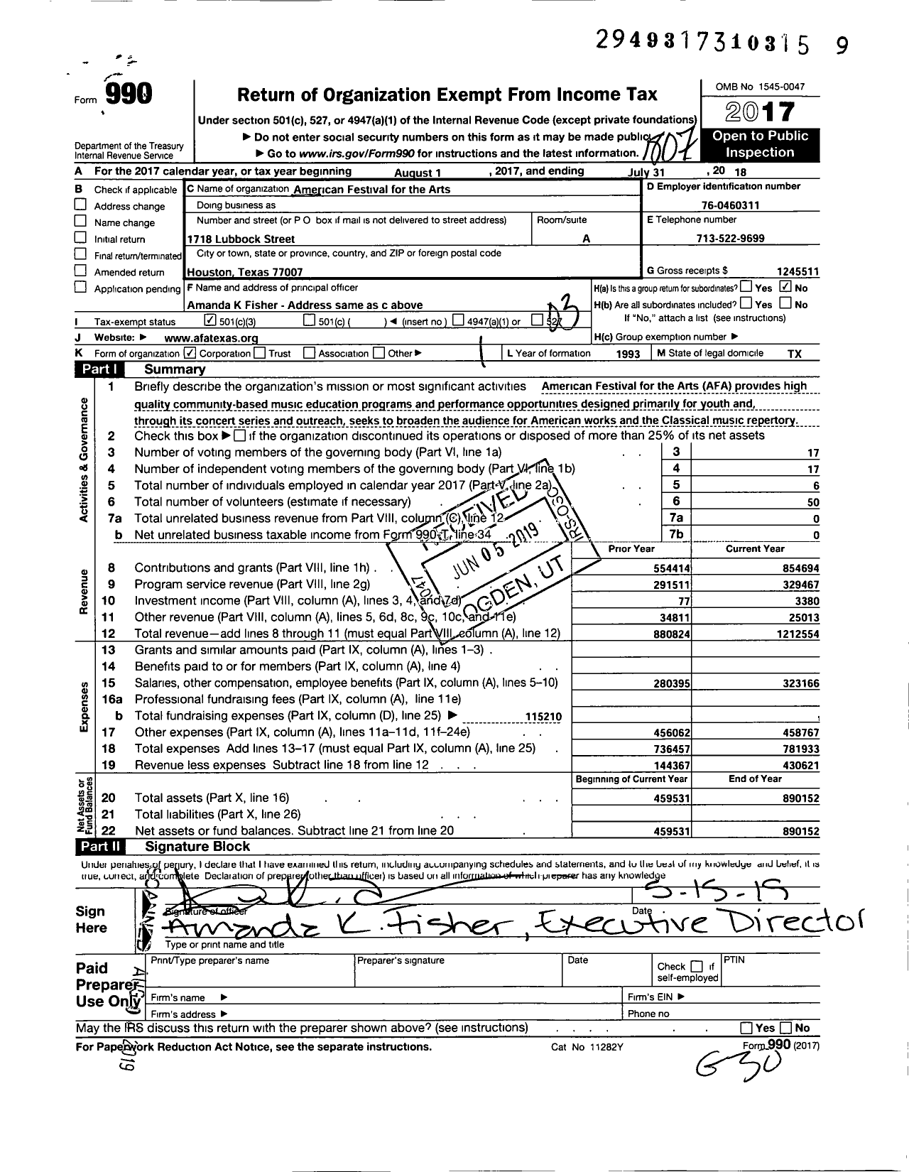 Image of first page of 2017 Form 990 for American Festival for the Arts