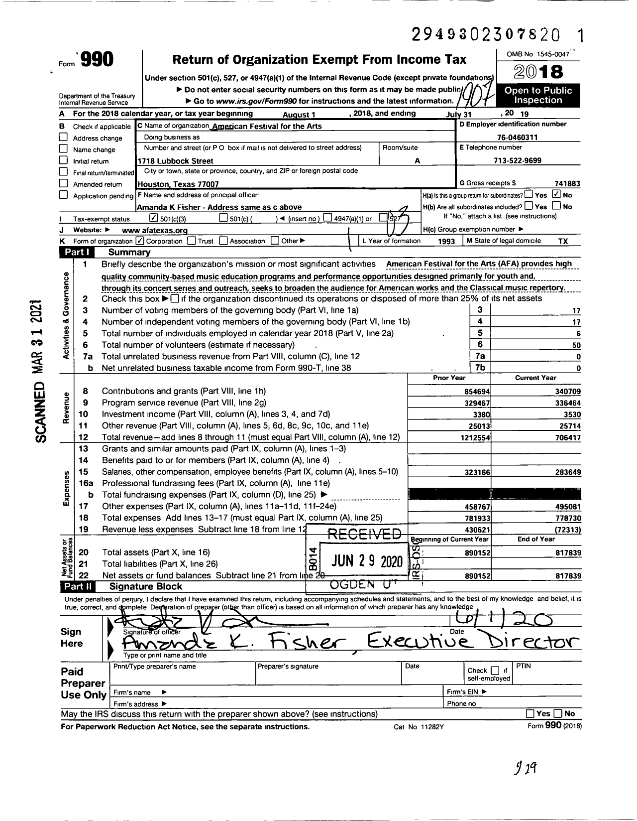 Image of first page of 2018 Form 990 for American Festival for the Arts