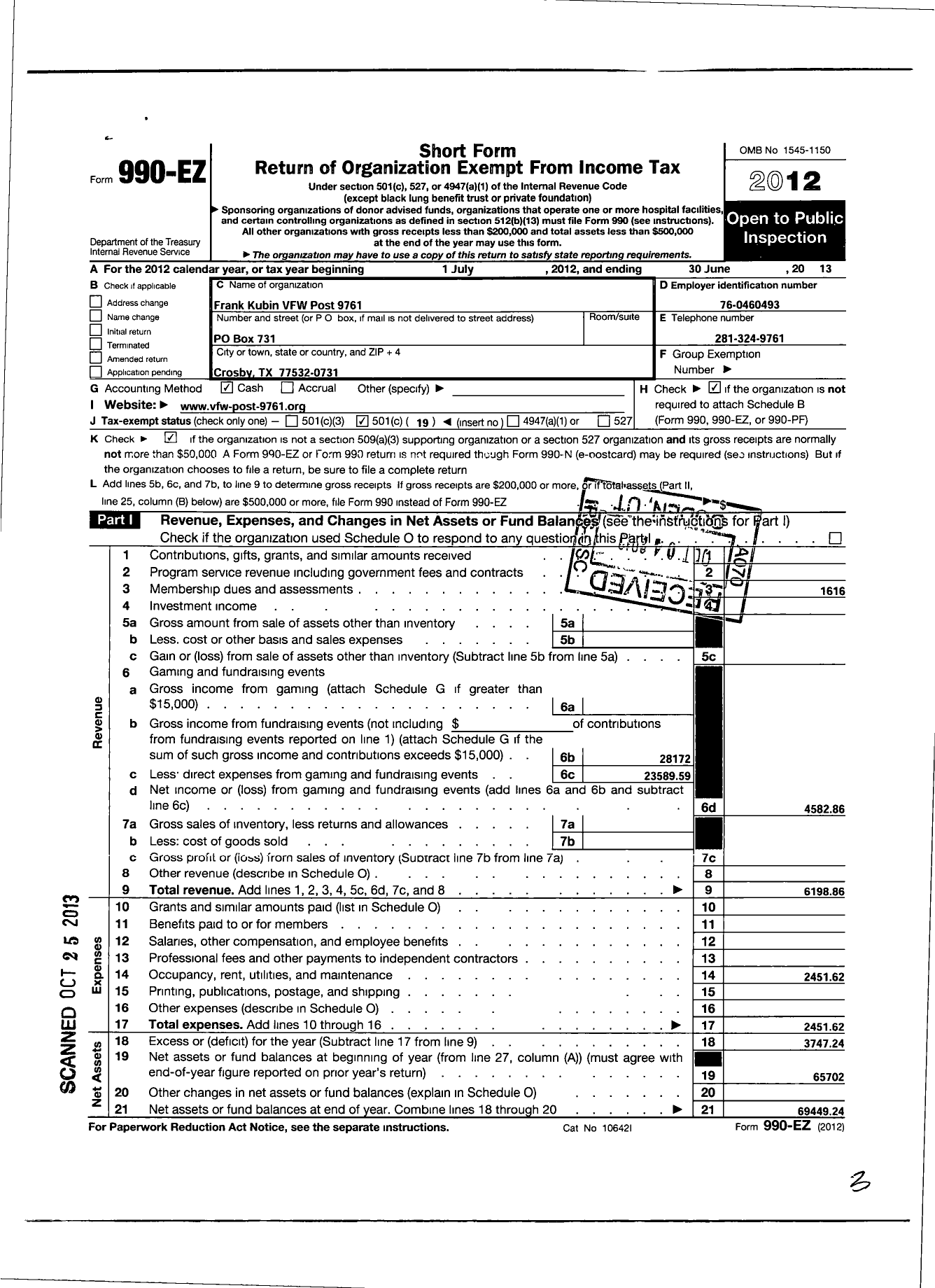 Image of first page of 2012 Form 990EO for Texas VFW - 9761 Frank Kubin