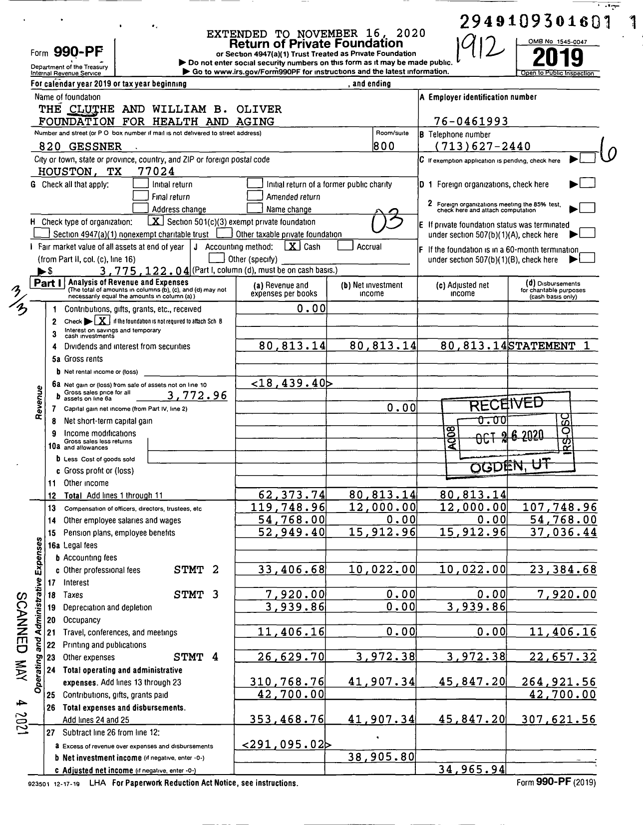 Image of first page of 2019 Form 990PF for The Cluthe and William B Oliver Foundation for Health and Aging