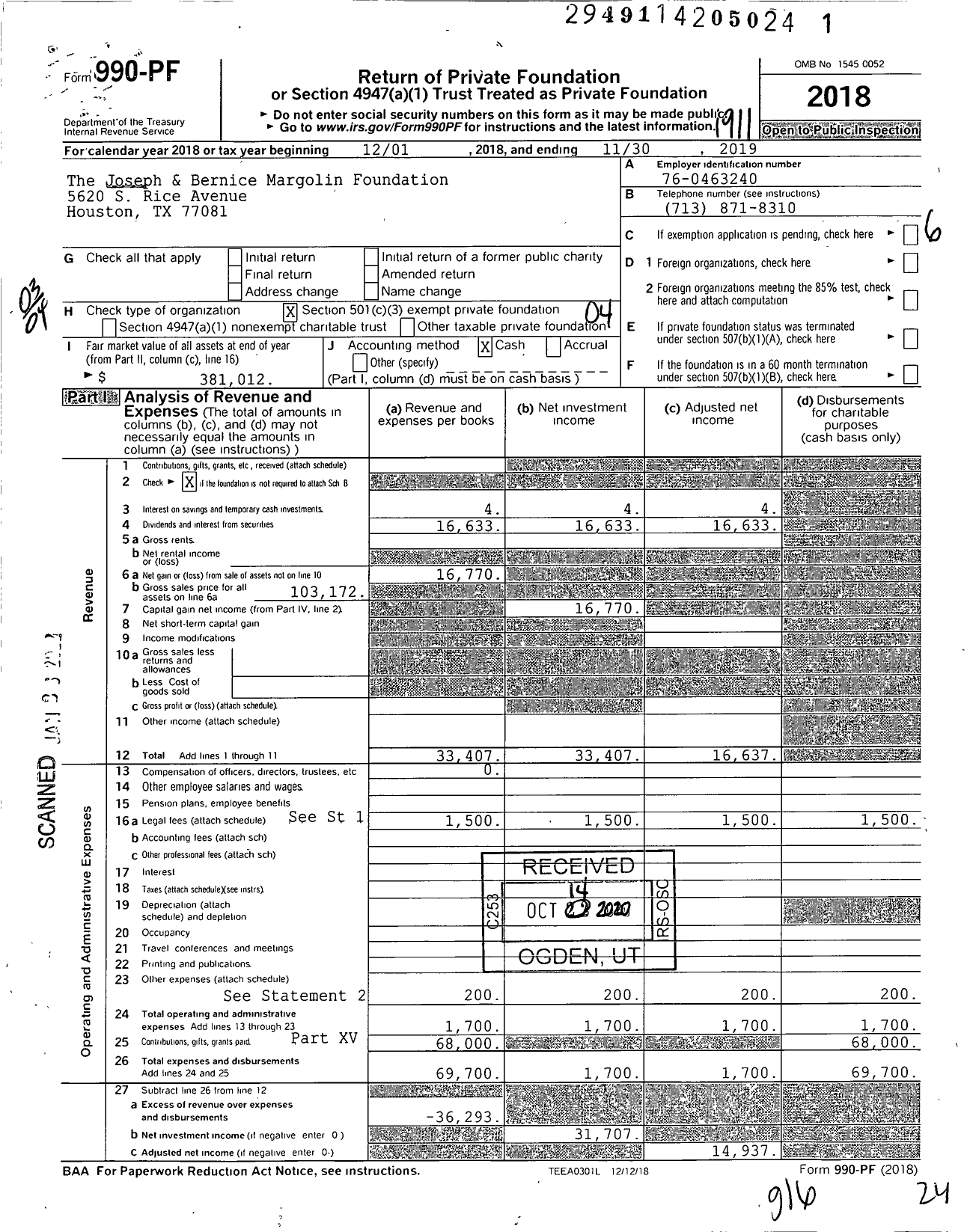 Image of first page of 2018 Form 990PF for The Joseph & Bernice Margolin Foundation