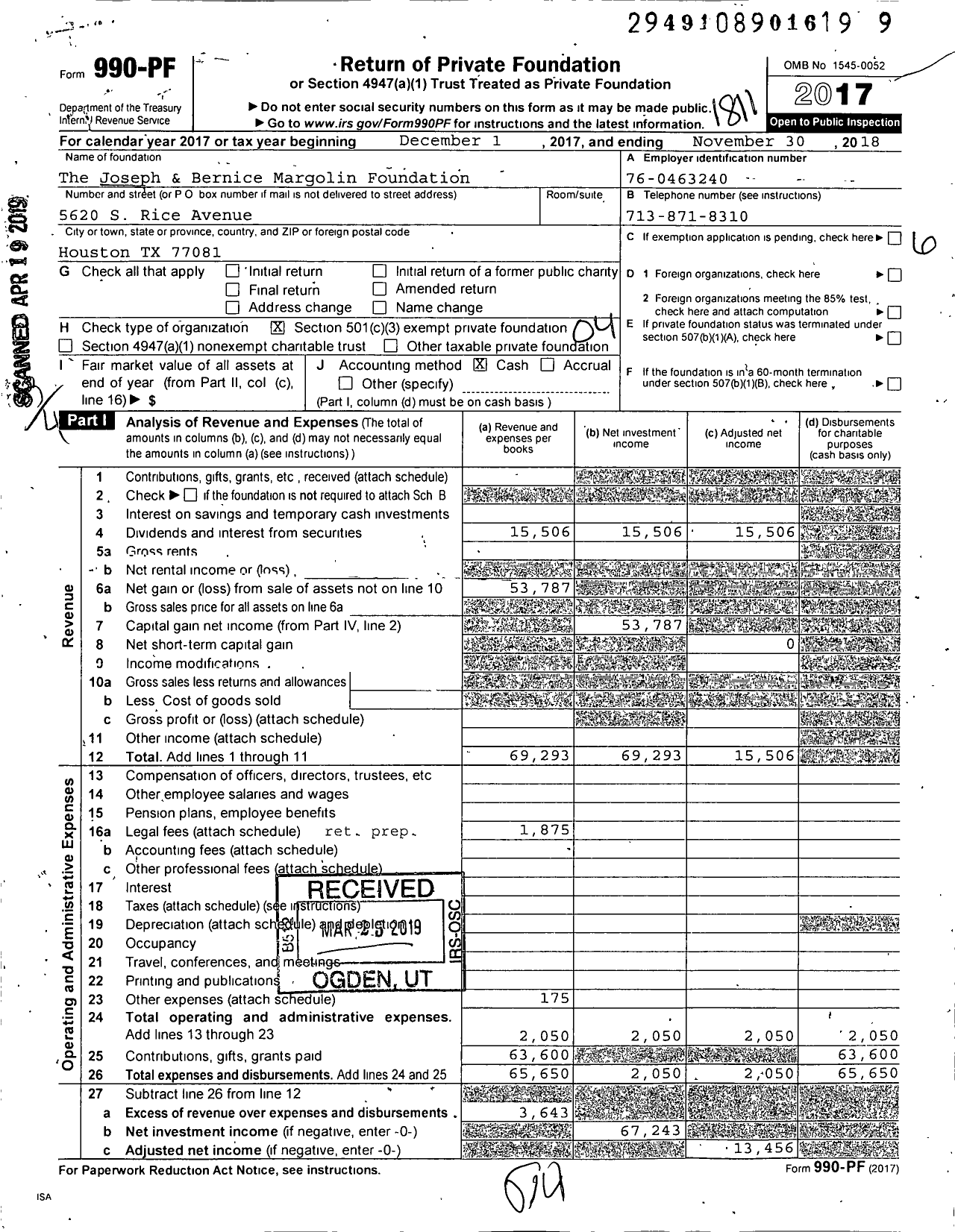 Image of first page of 2017 Form 990PF for The Joseph & Bernice Margolin Foundation