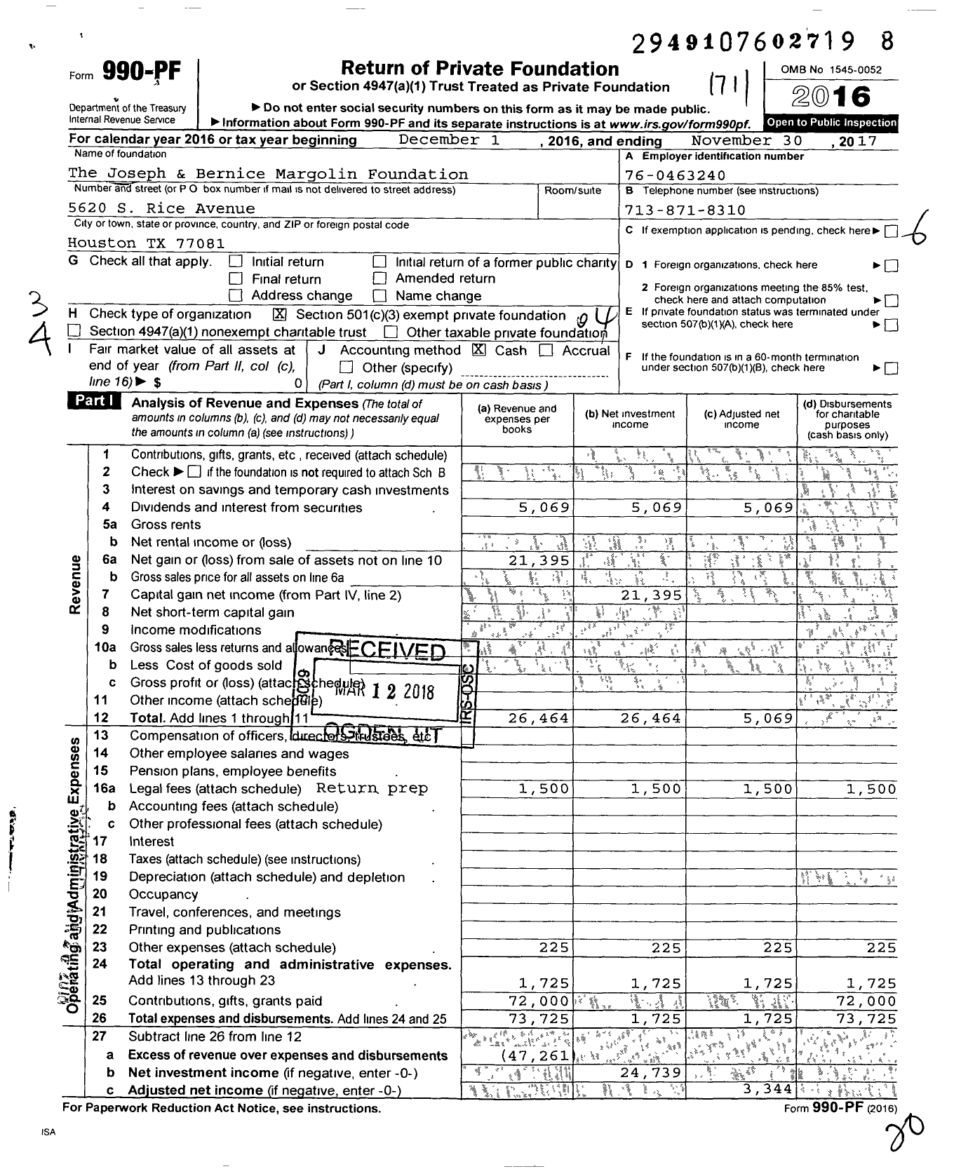 Image of first page of 2016 Form 990PF for The Joseph & Bernice Margolin Foundation