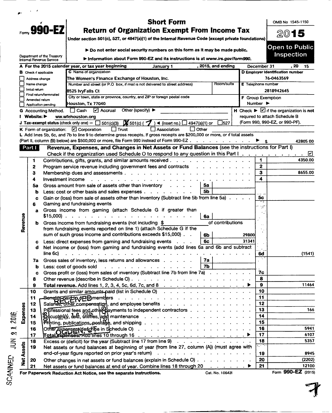 Image of first page of 2015 Form 990EO for Womens Finance Exchange