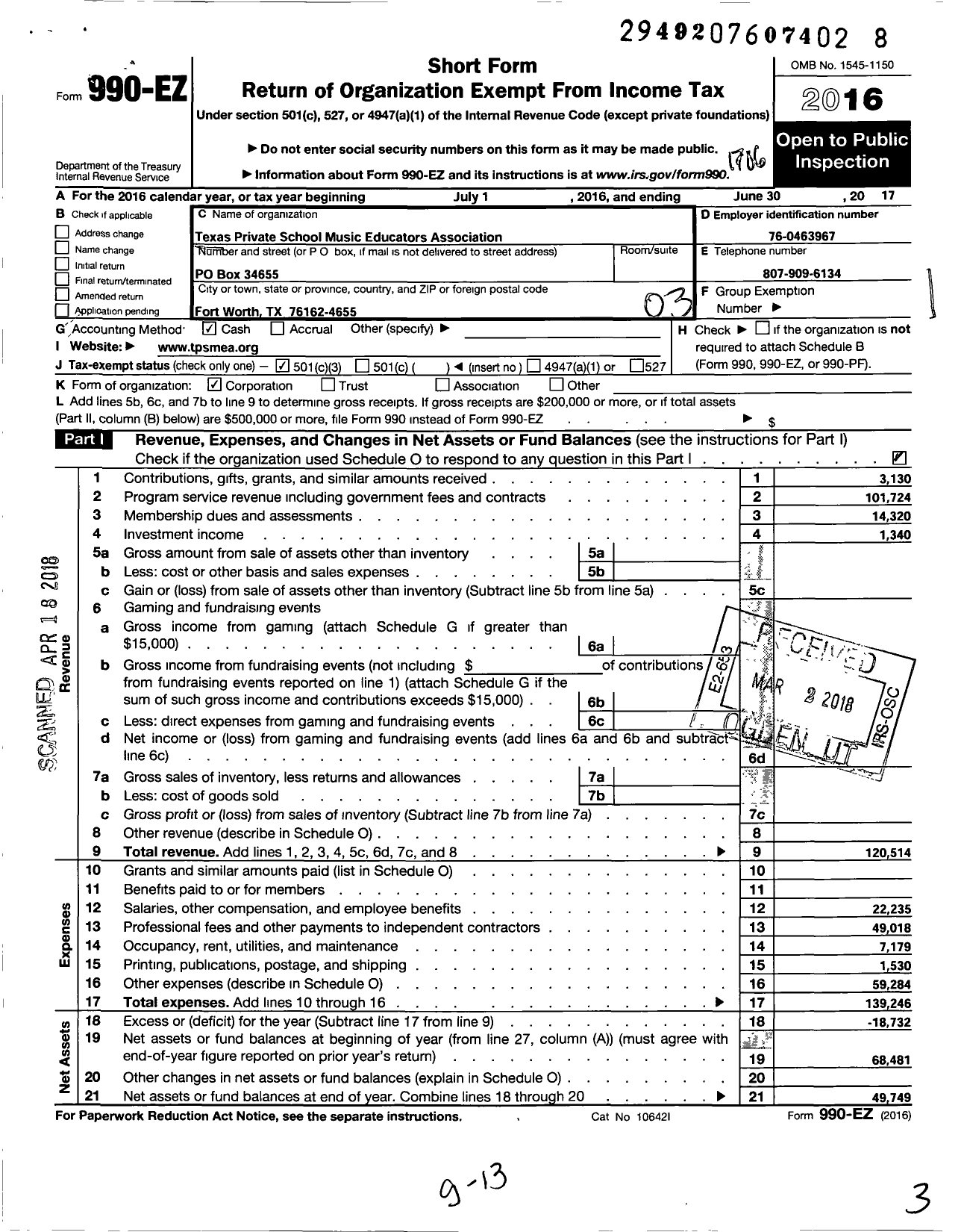 Image of first page of 2016 Form 990EZ for Texas Private School Music Educators Association