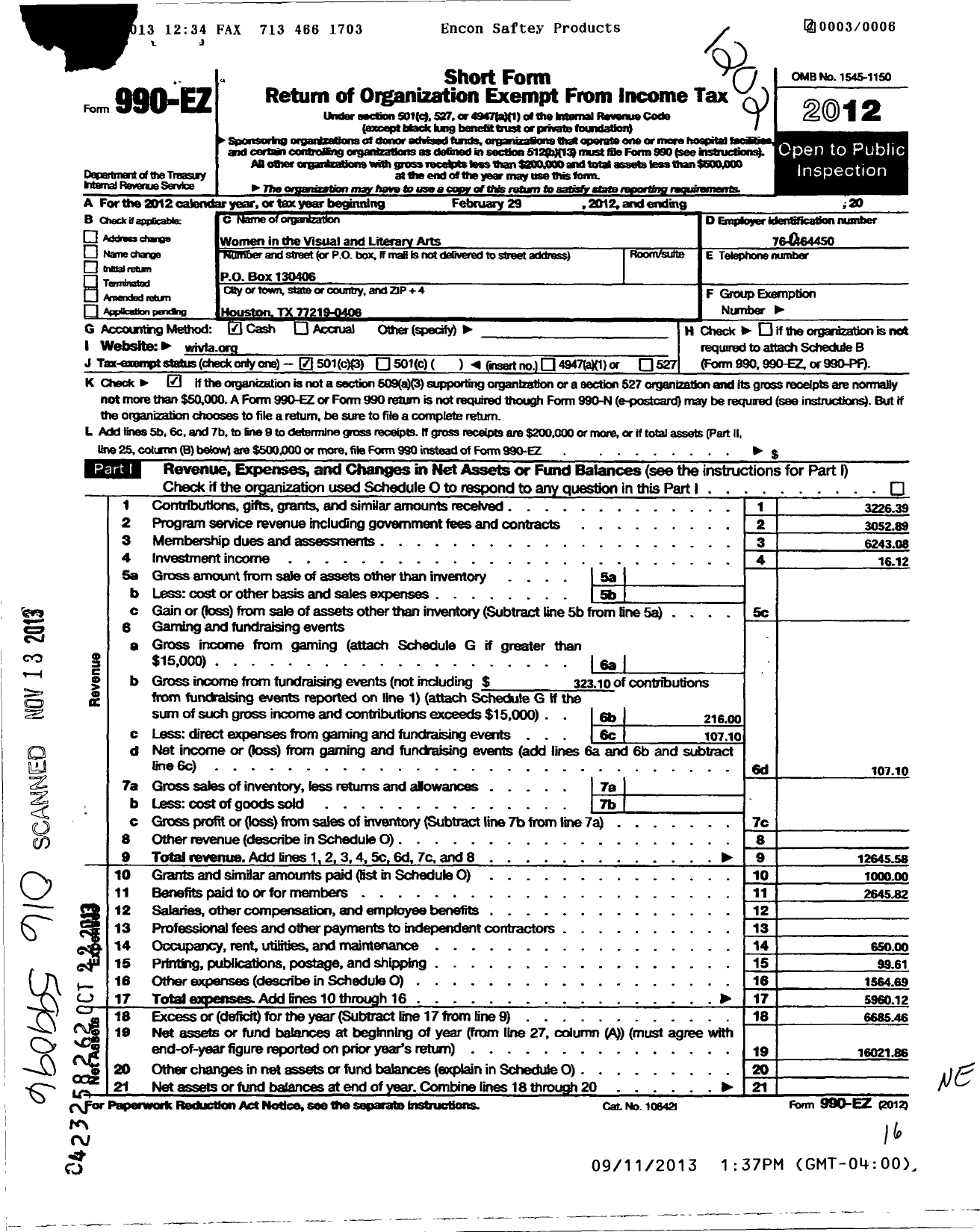 Image of first page of 2011 Form 990EZ for Women in the Visual and Literary Arts