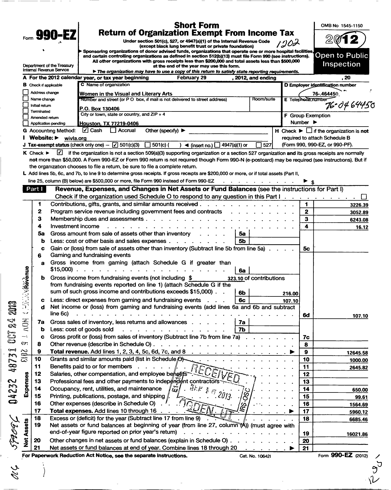 Image of first page of 2011 Form 990EZ for Women in the Visual and Literary Arts