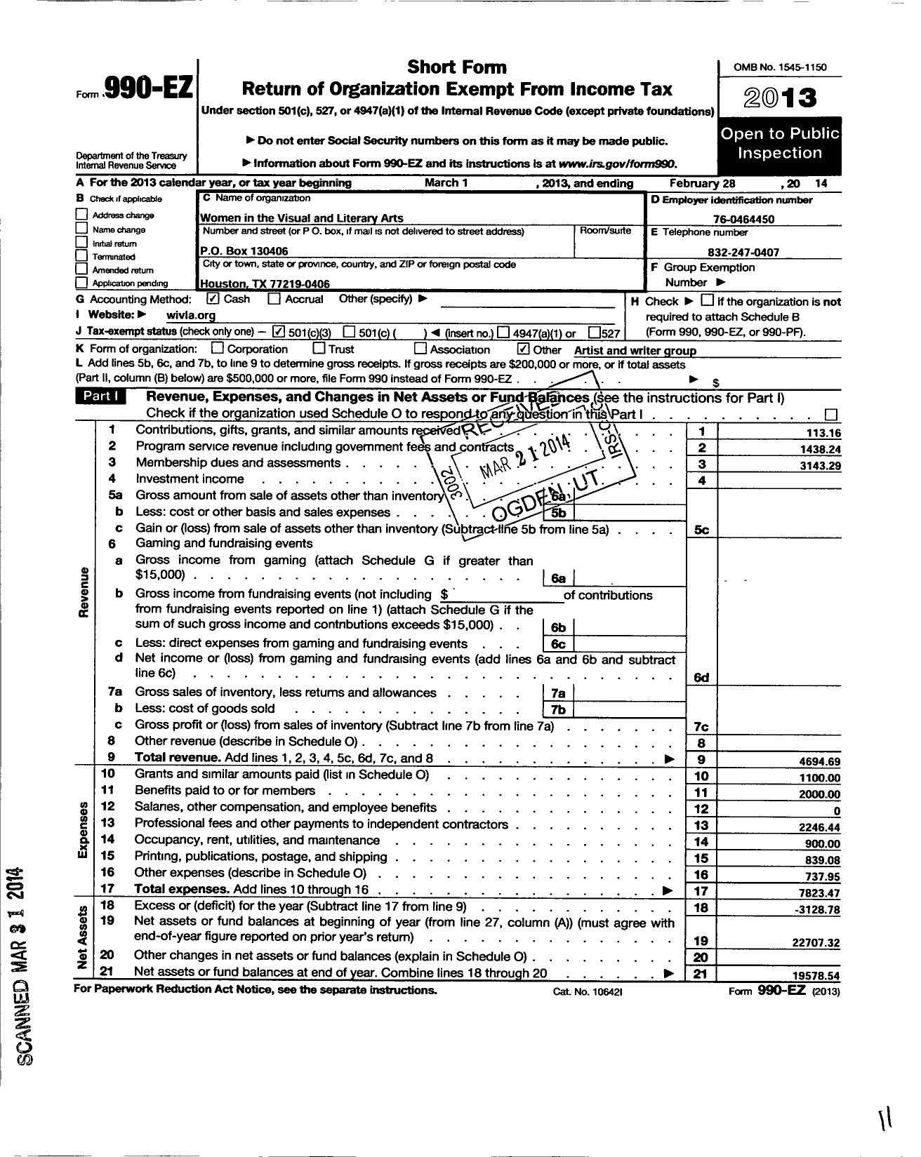 Image of first page of 2013 Form 990EZ for Women in the Visual and Literary Arts