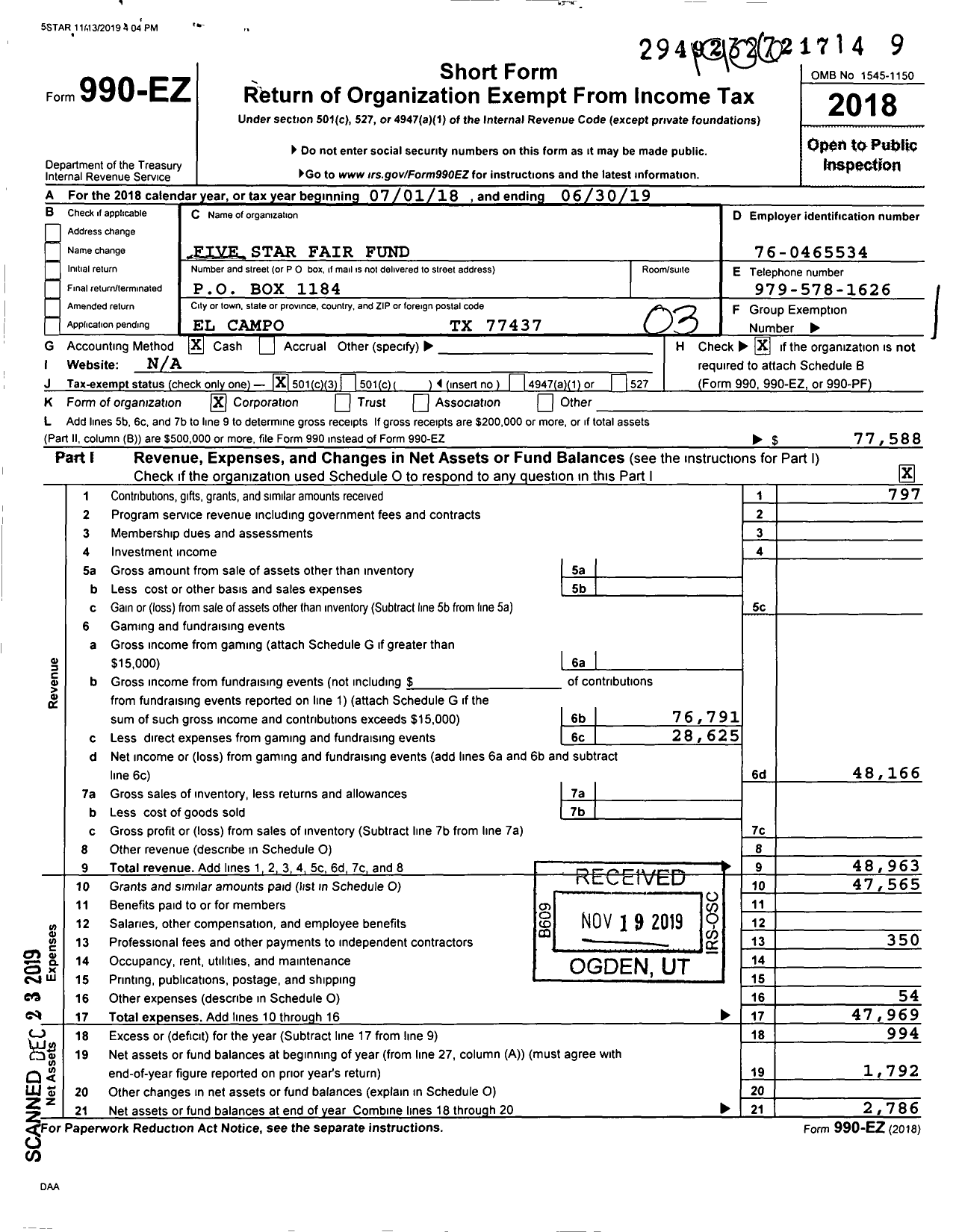 Image of first page of 2018 Form 990EZ for Five Star Fair Fund