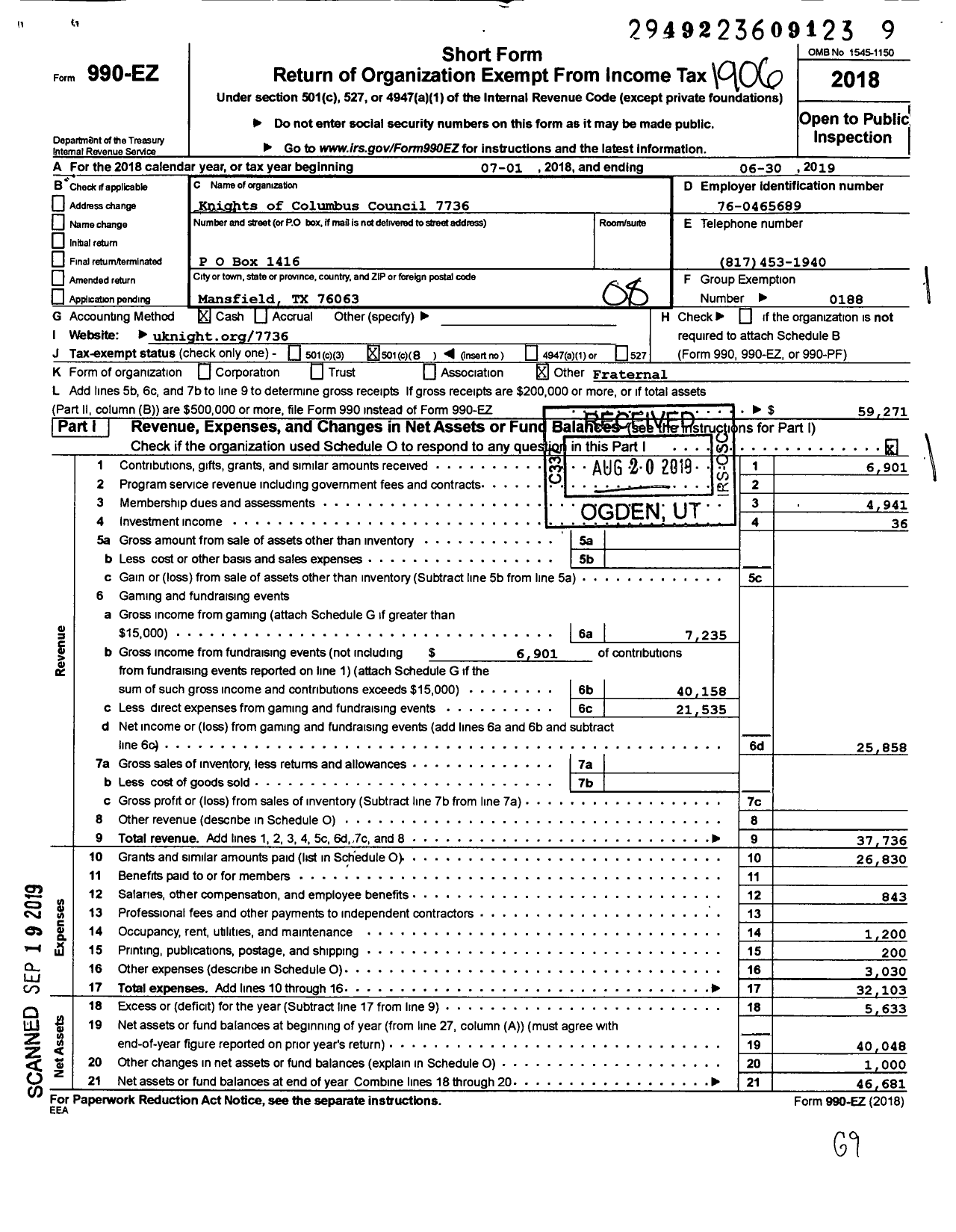 Image of first page of 2018 Form 990EO for Knights of Columbus - Knights of Columbus / Knights of Columbus Council 7736