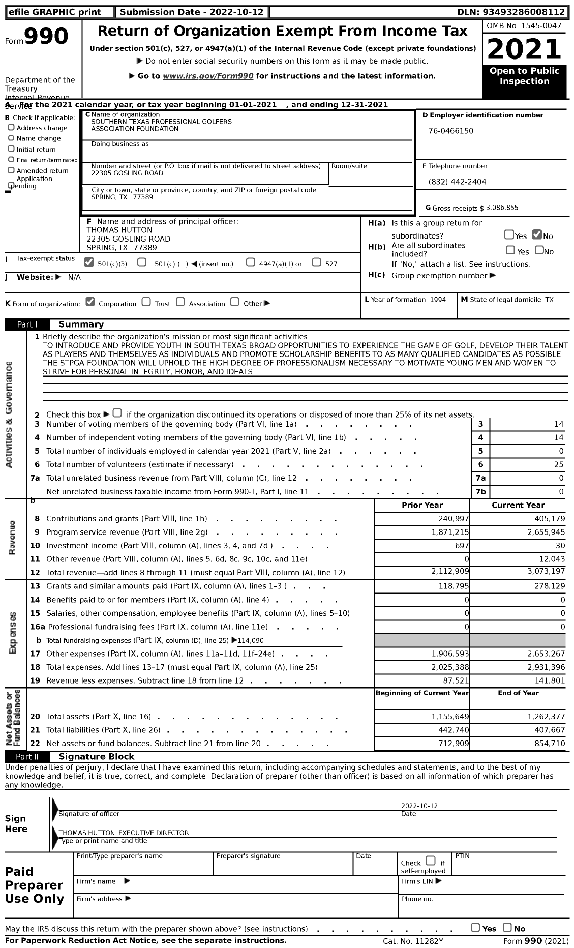 Image of first page of 2021 Form 990 for Southern Texas Professional Golfers Association Foundation