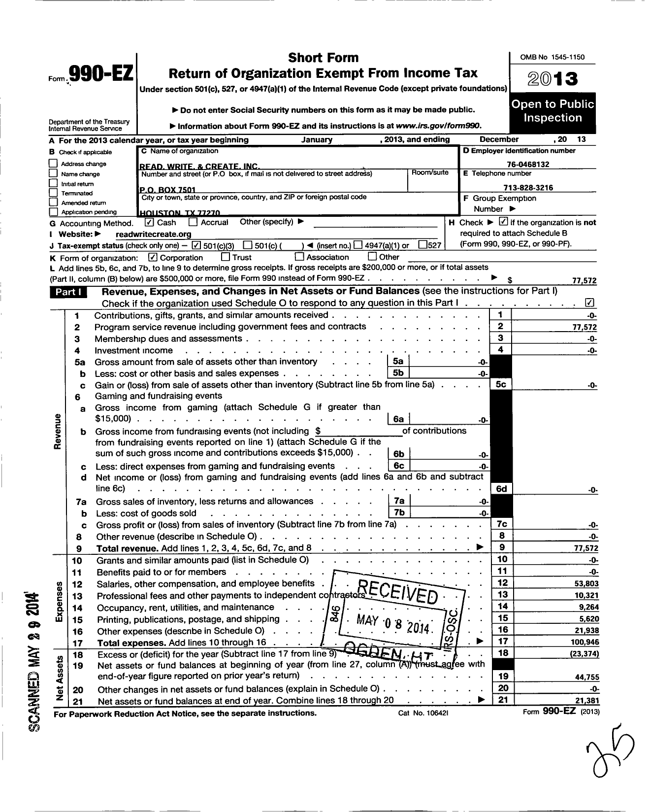 Image of first page of 2013 Form 990EZ for Read Write and Create